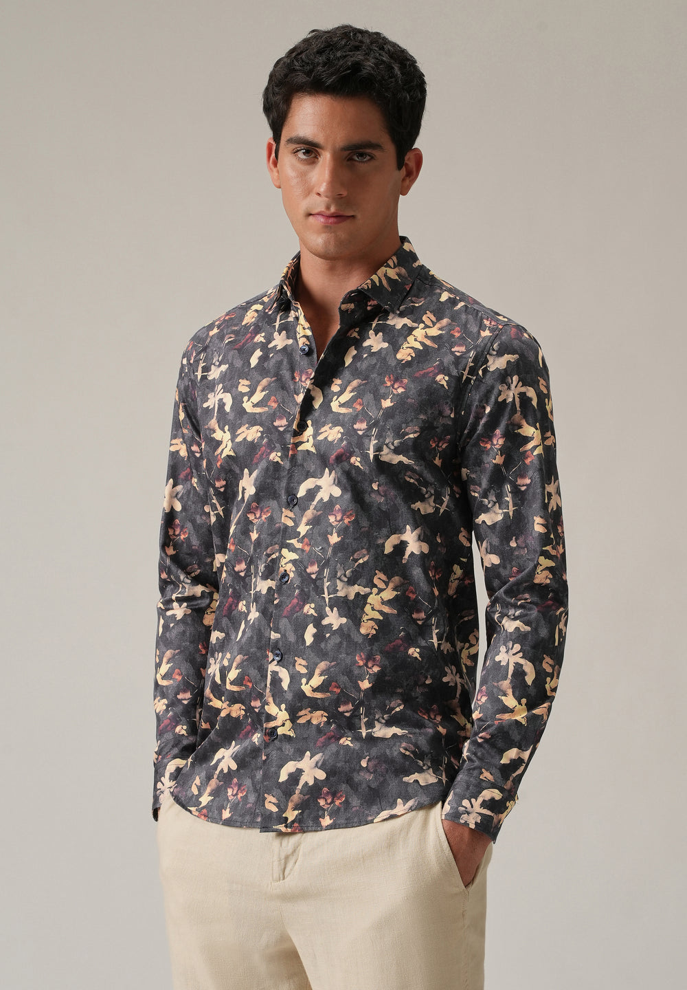 Grey Abstract Floral Print Shirt
