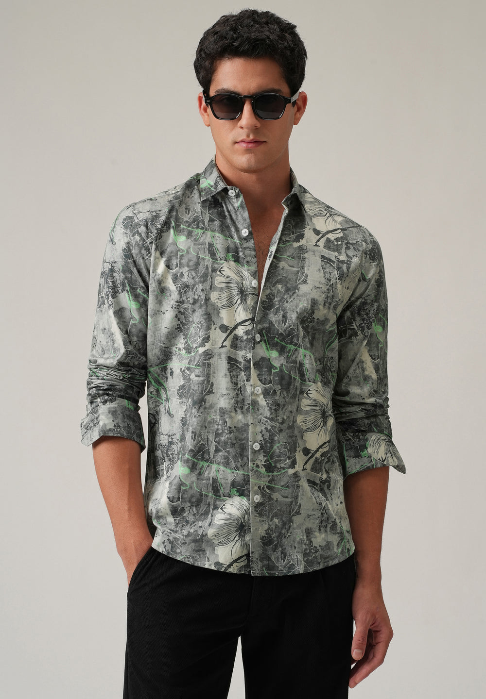 Grey Artistic Floral Print Shirt