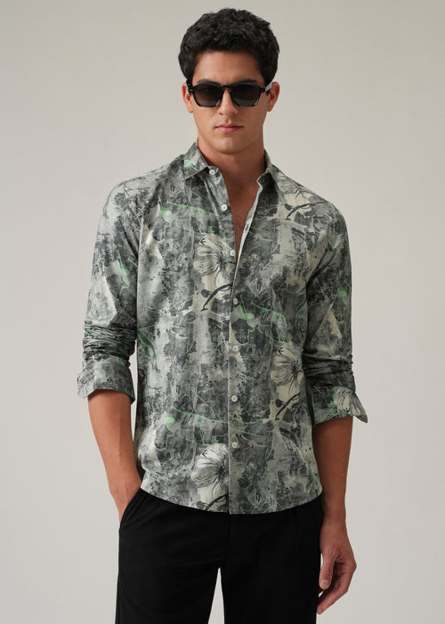 Grey Artistic Floral Print Shirt