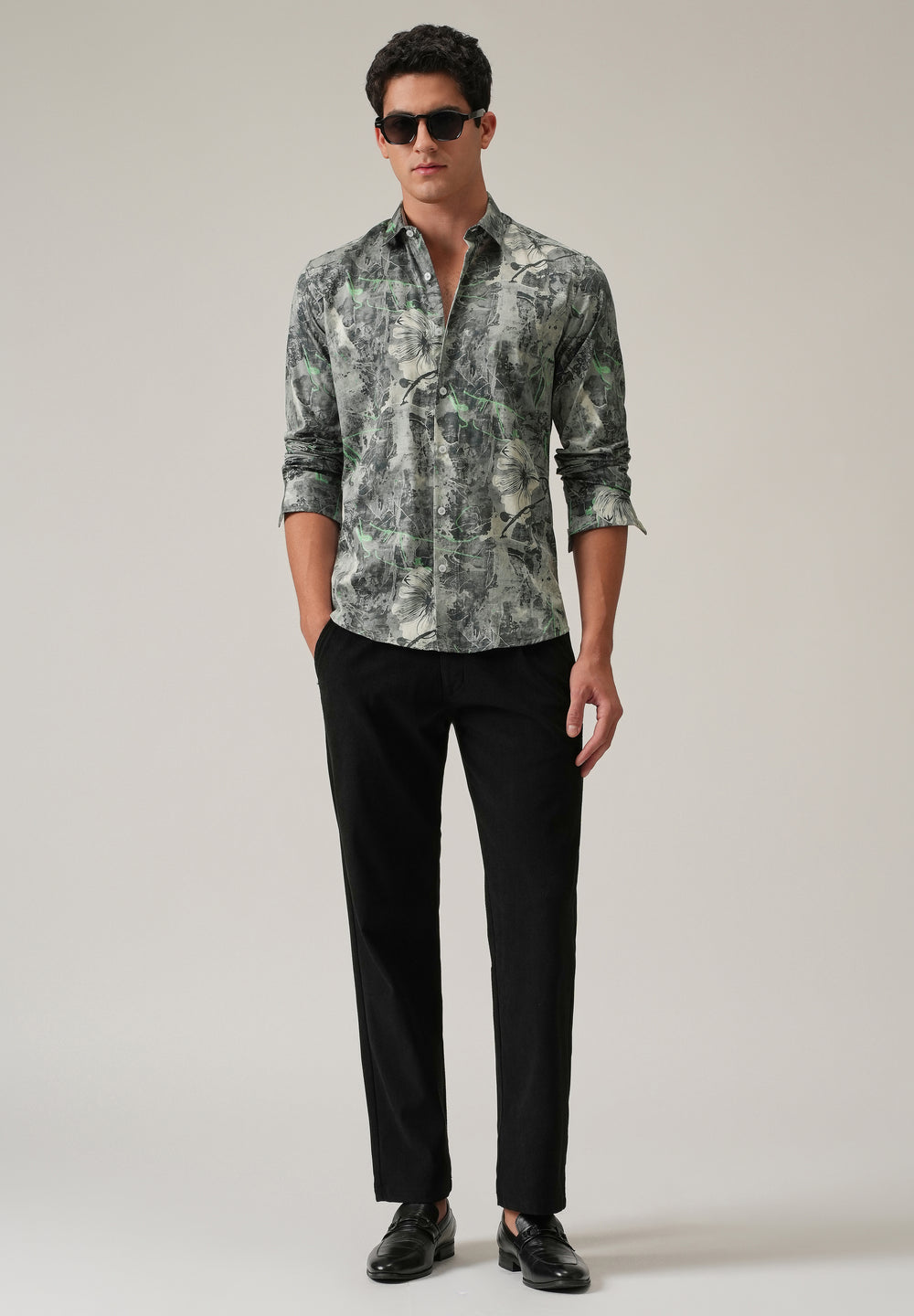 Grey Artistic Floral Print Shirt