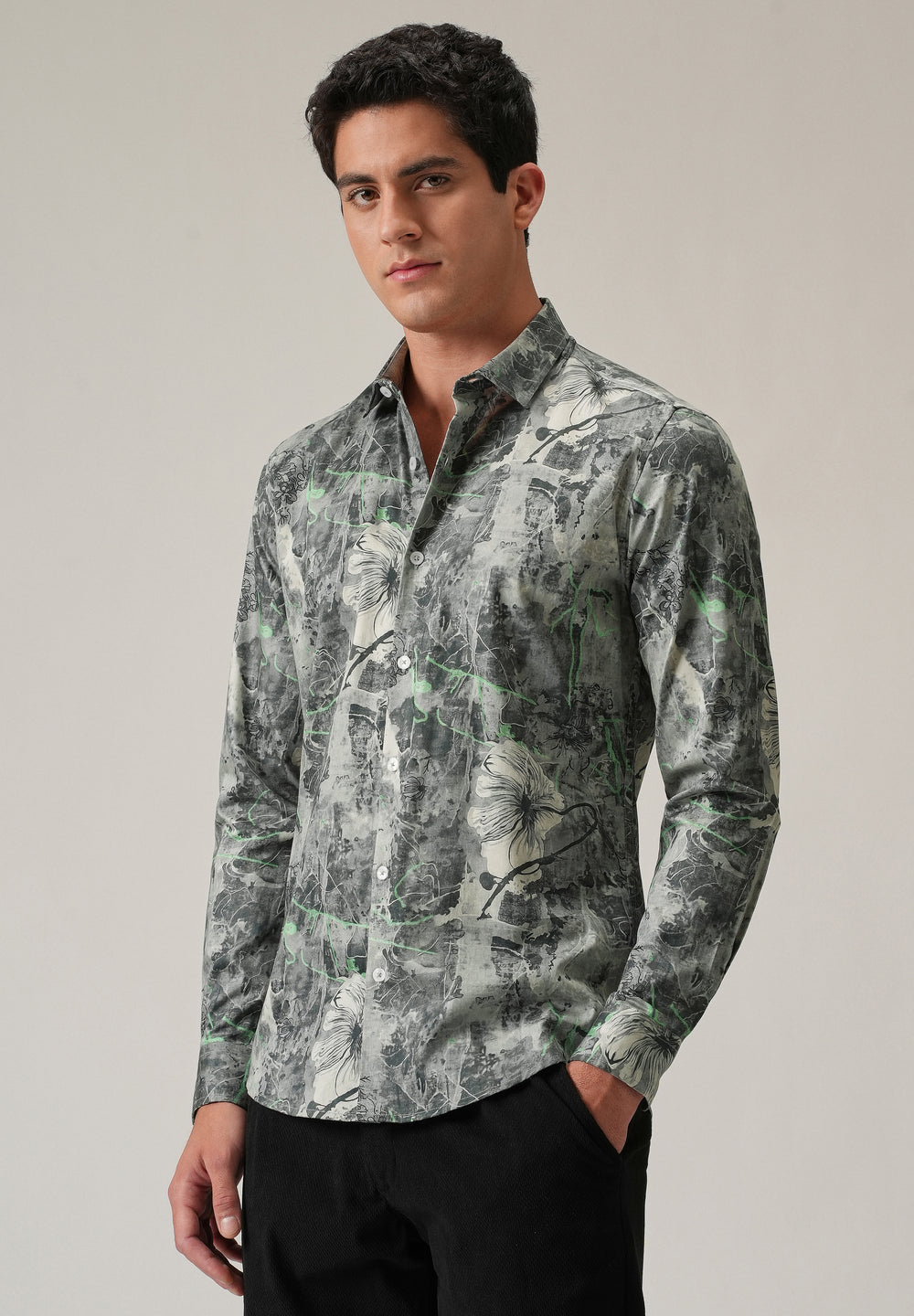 Grey Artistic Floral Print Shirt