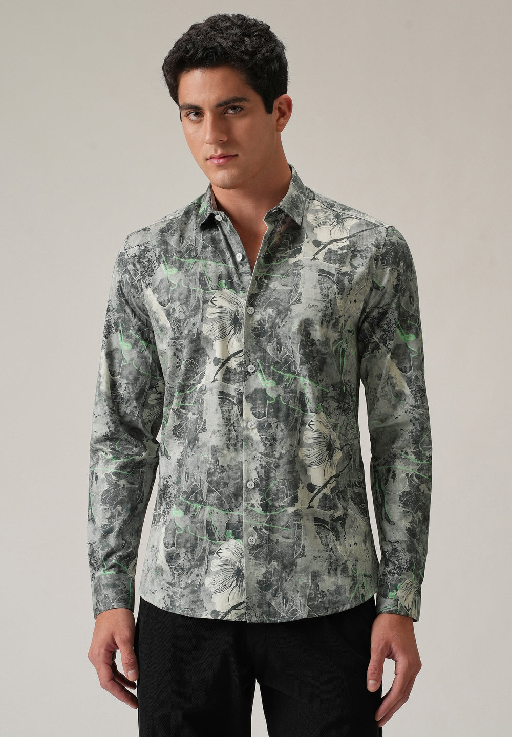 Grey Artistic Floral Print Shirt
