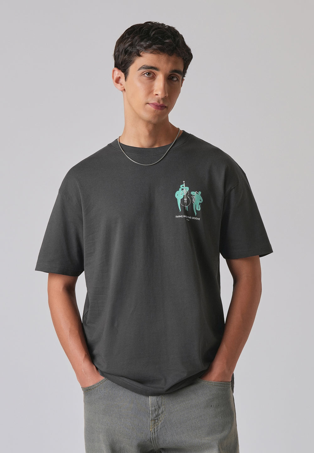 Grey Back Graphic Printed Oversized T-shirt