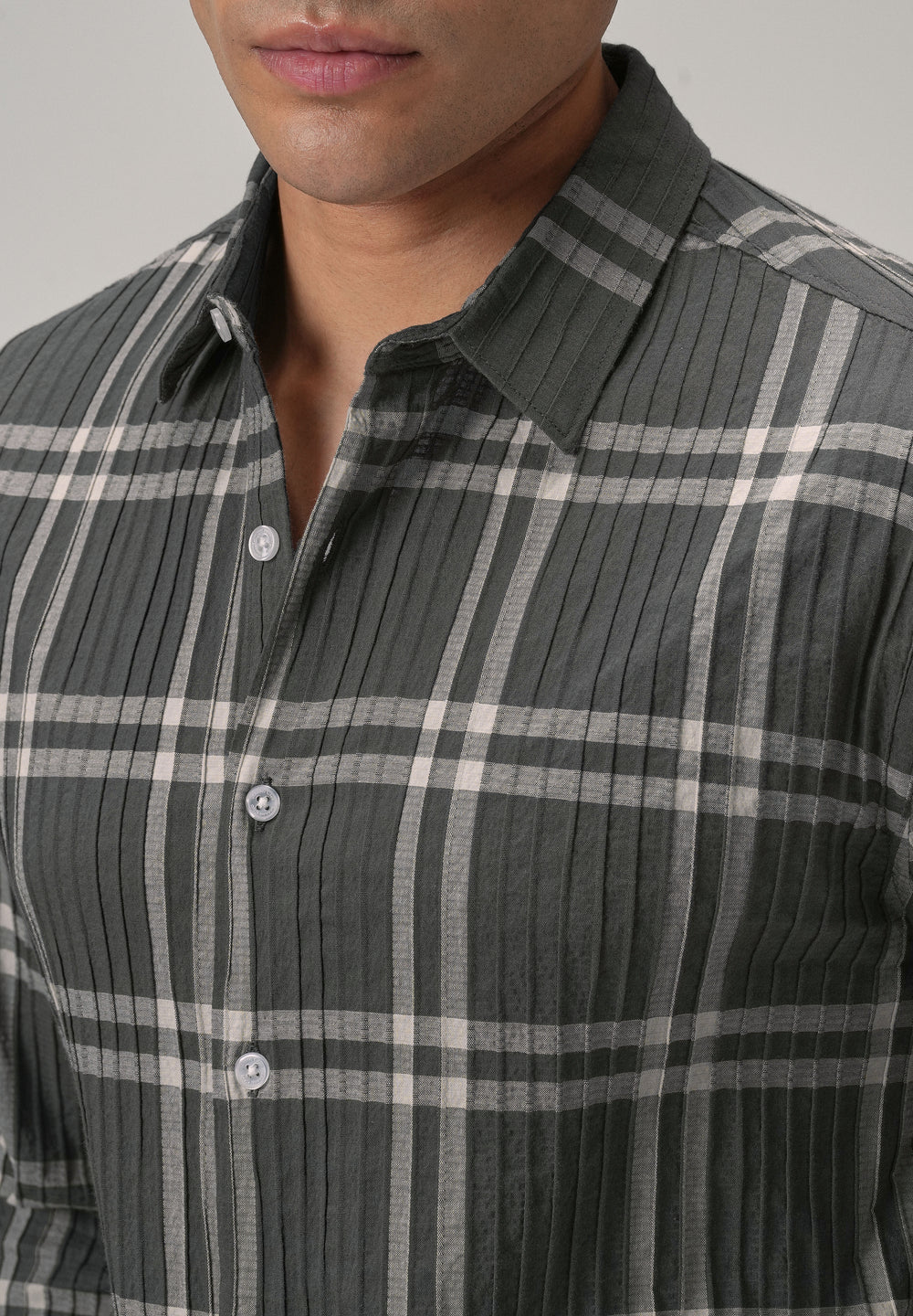 Self Pleat Grey Beige Check Shirt
