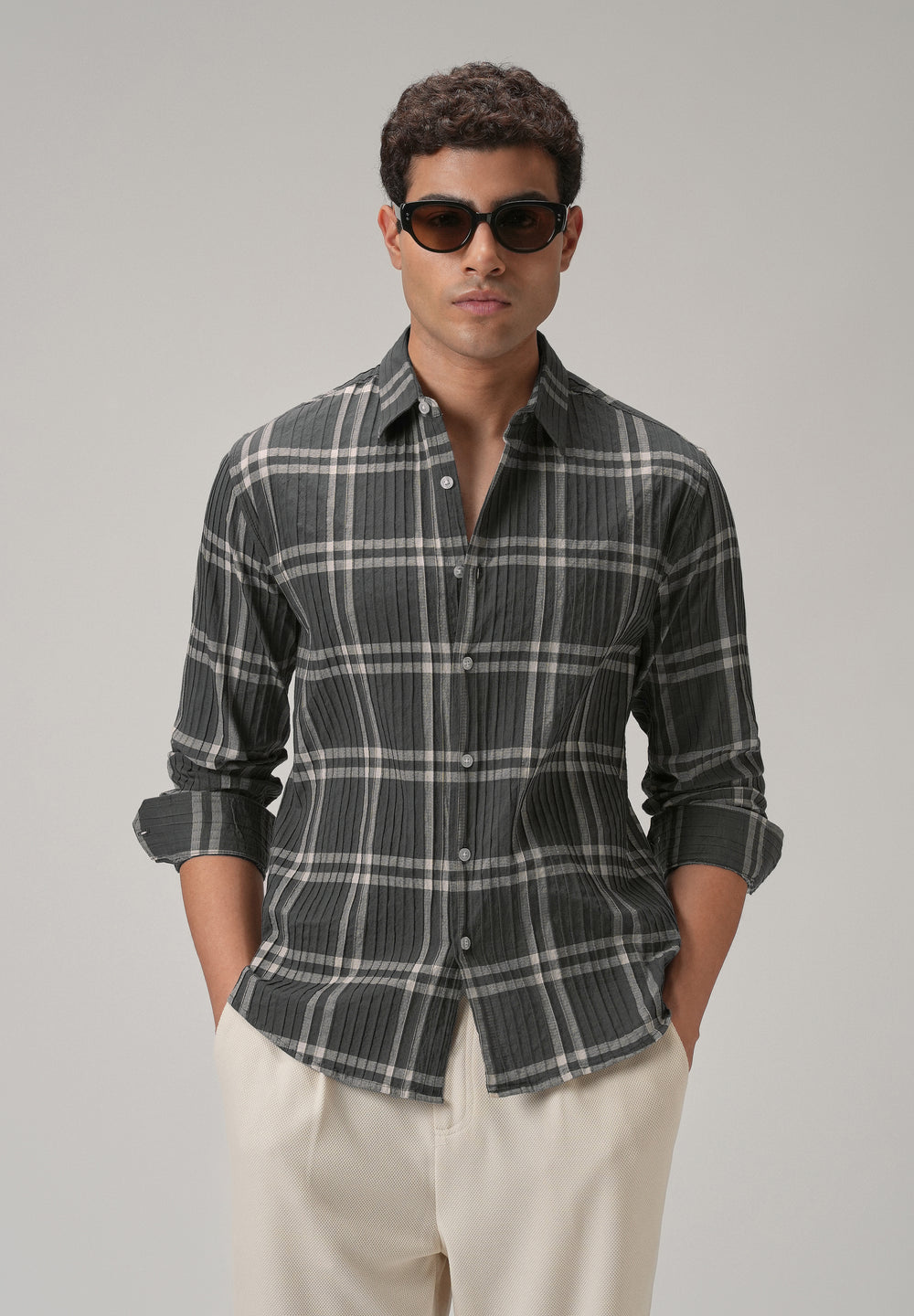 Self Pleat Grey Beige Check Shirt