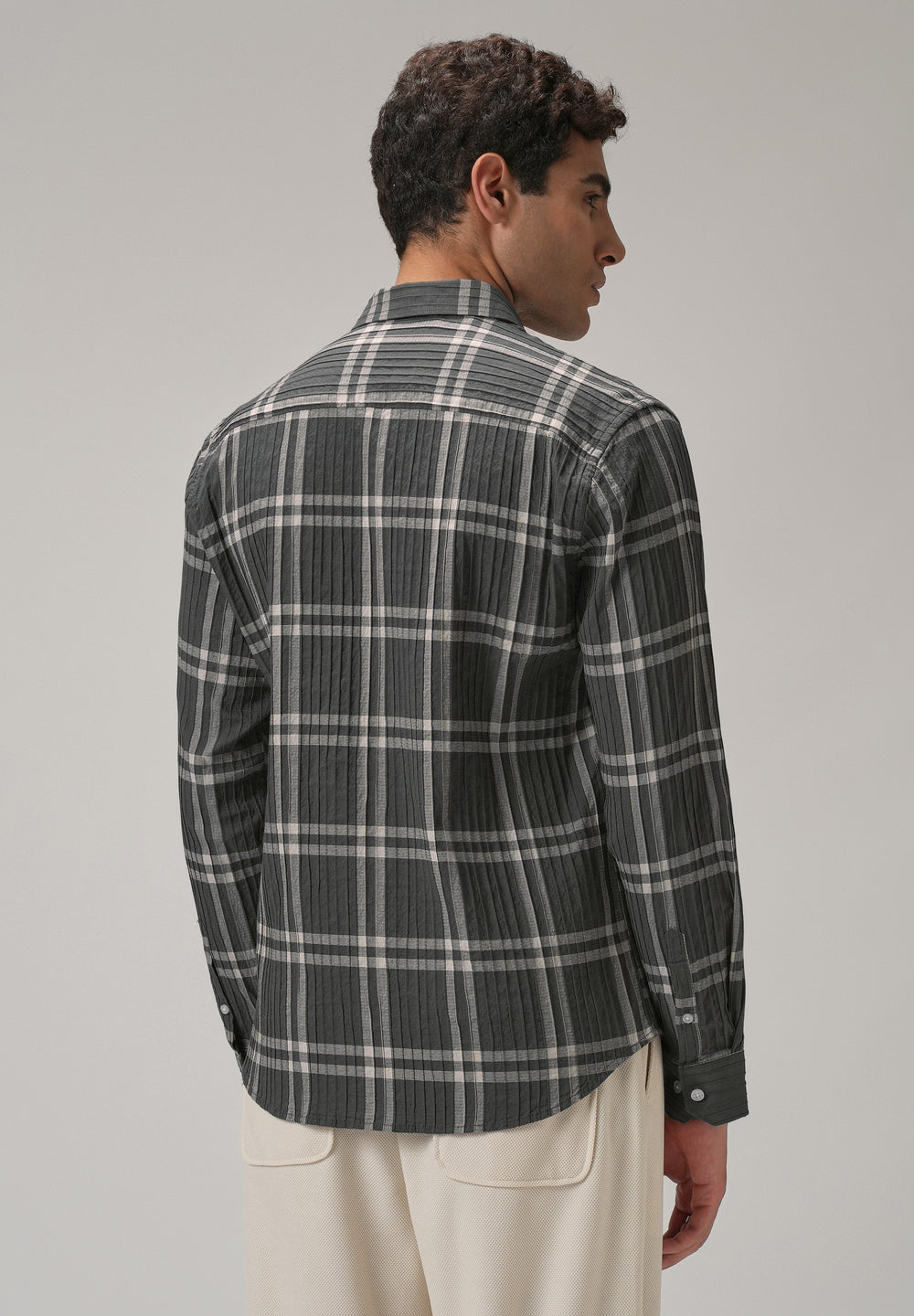 Self Pleat Grey Beige Check Shirt