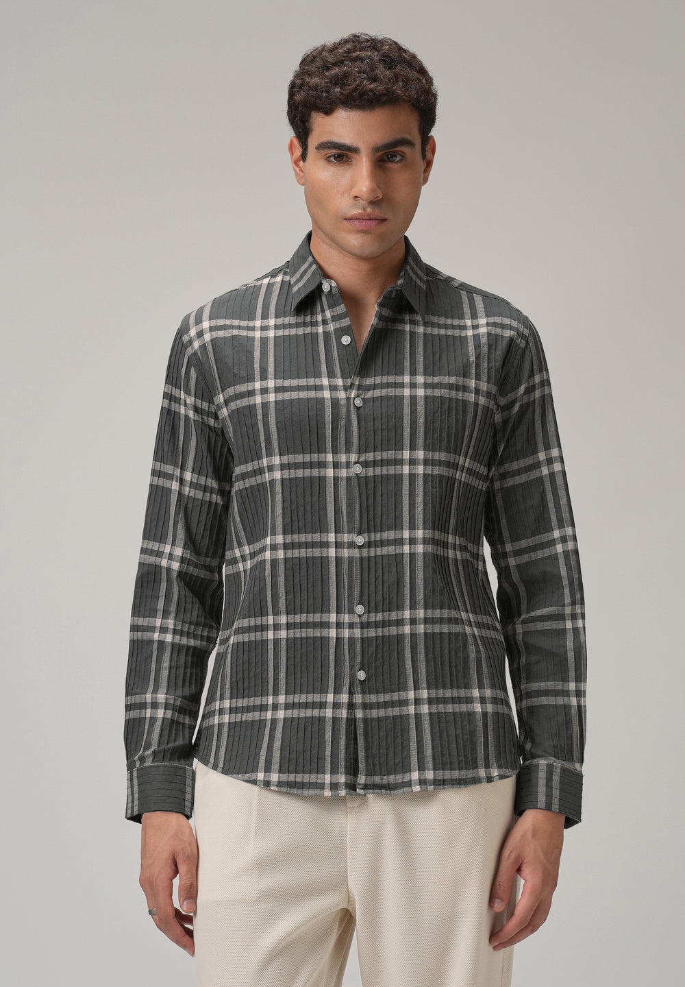 Self Pleat Grey Beige Check Shirt