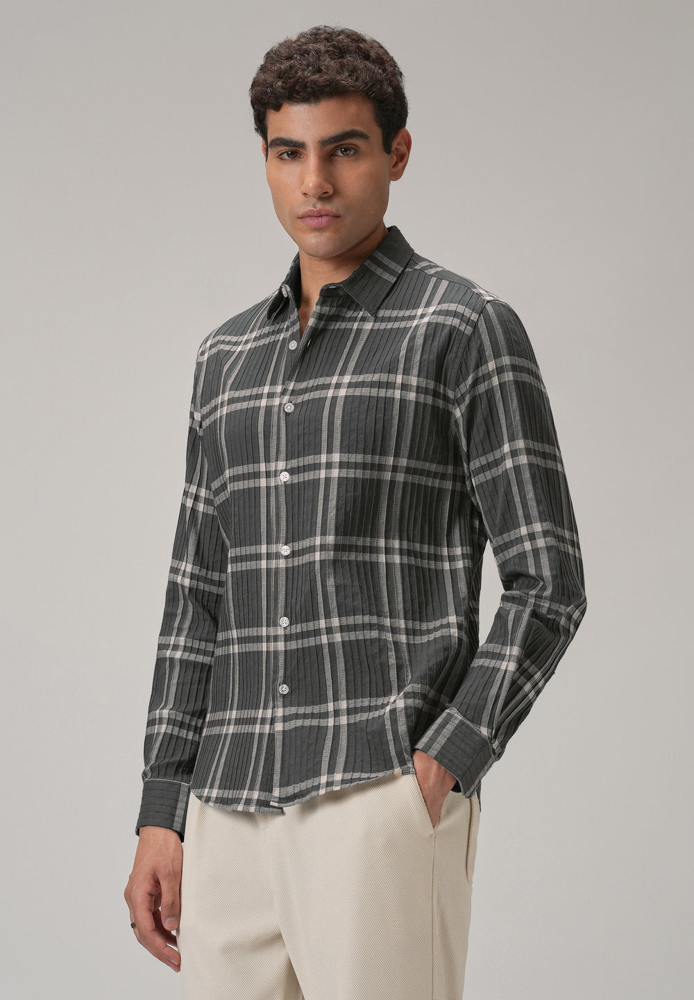 Self Pleat Grey Beige Check Shirt