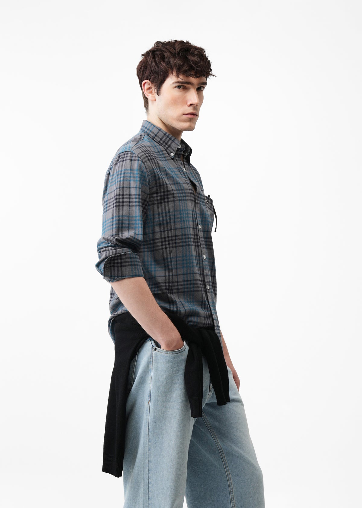 Grey Cotton Plaid Check Shirt