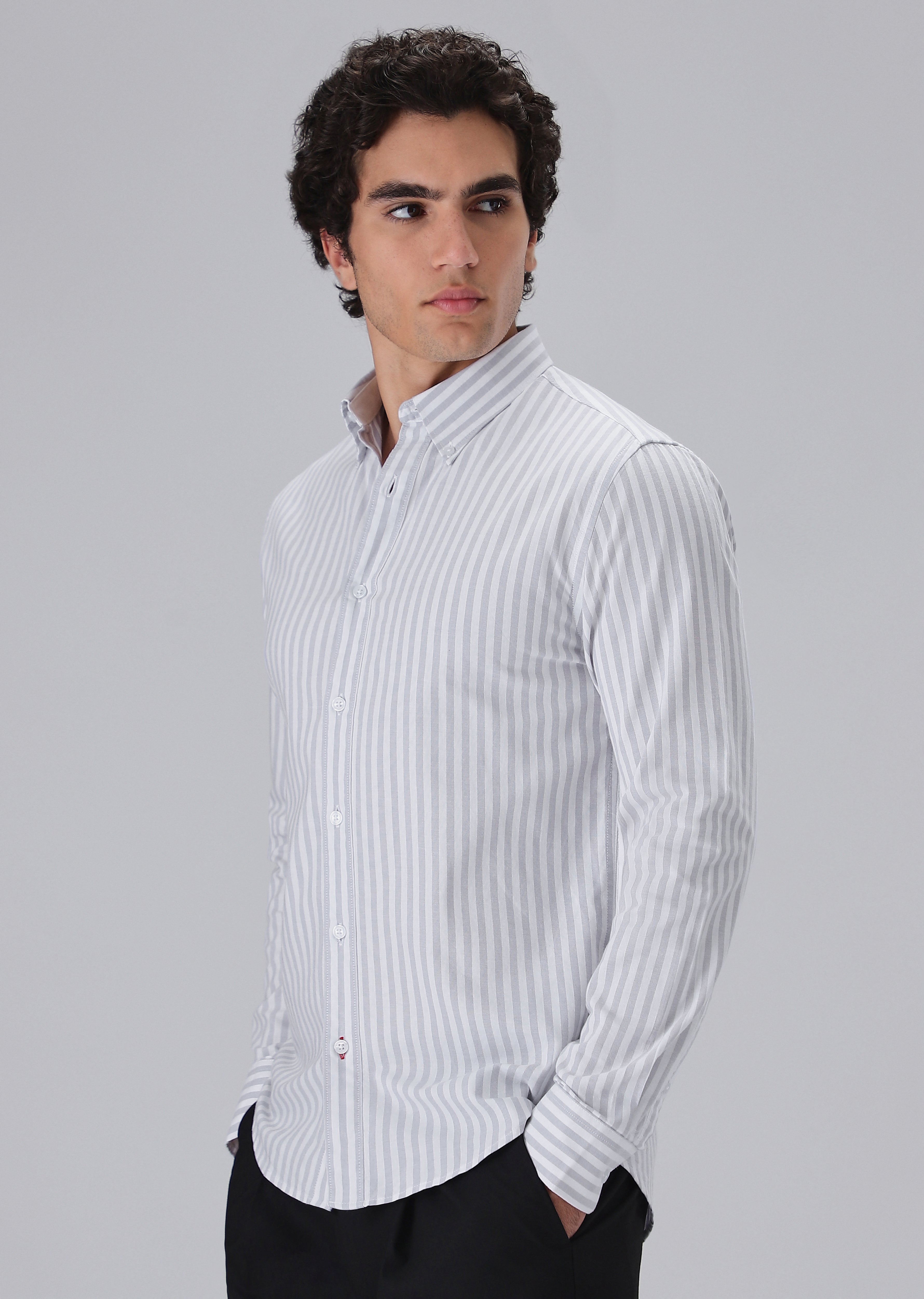 Grey Cotton Oxford Stripe Shirt