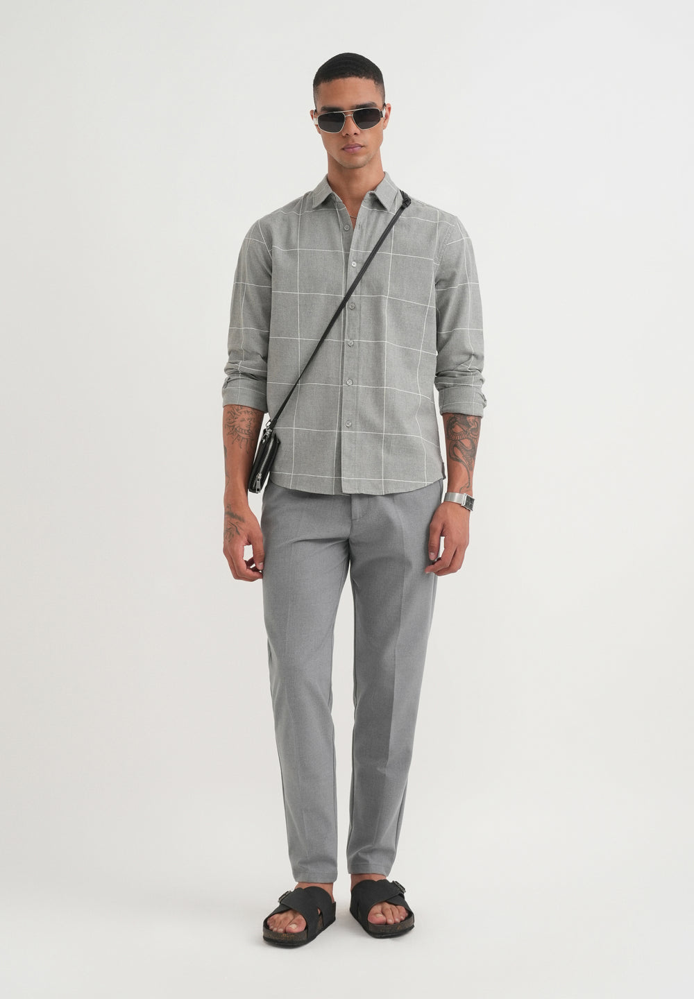 Grey Cotton Windowpane Check Shirt