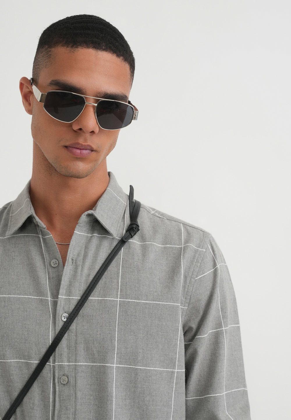 Grey Cotton Windowpane Check Shirt