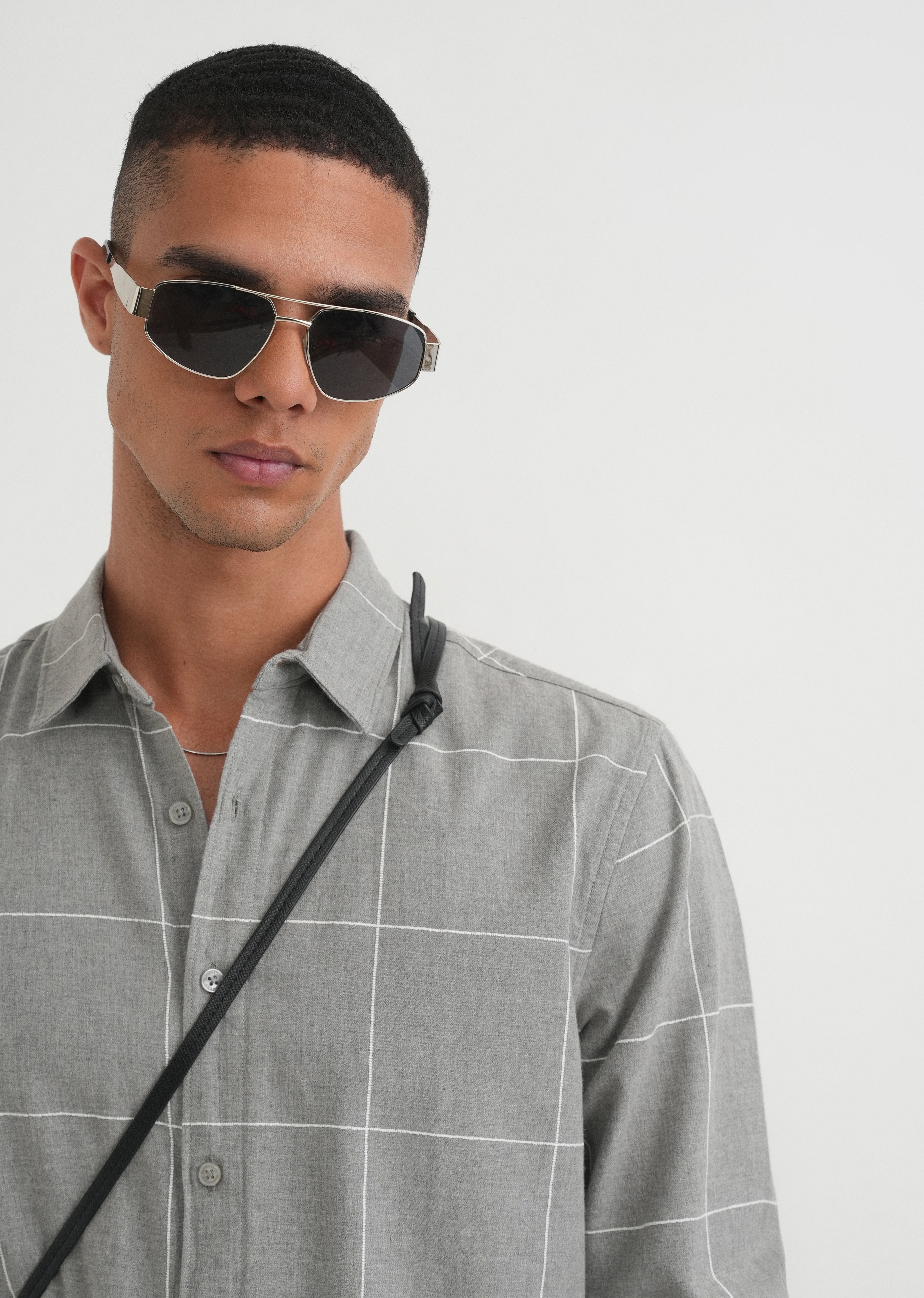Grey Cotton Windowpane Check Shirt