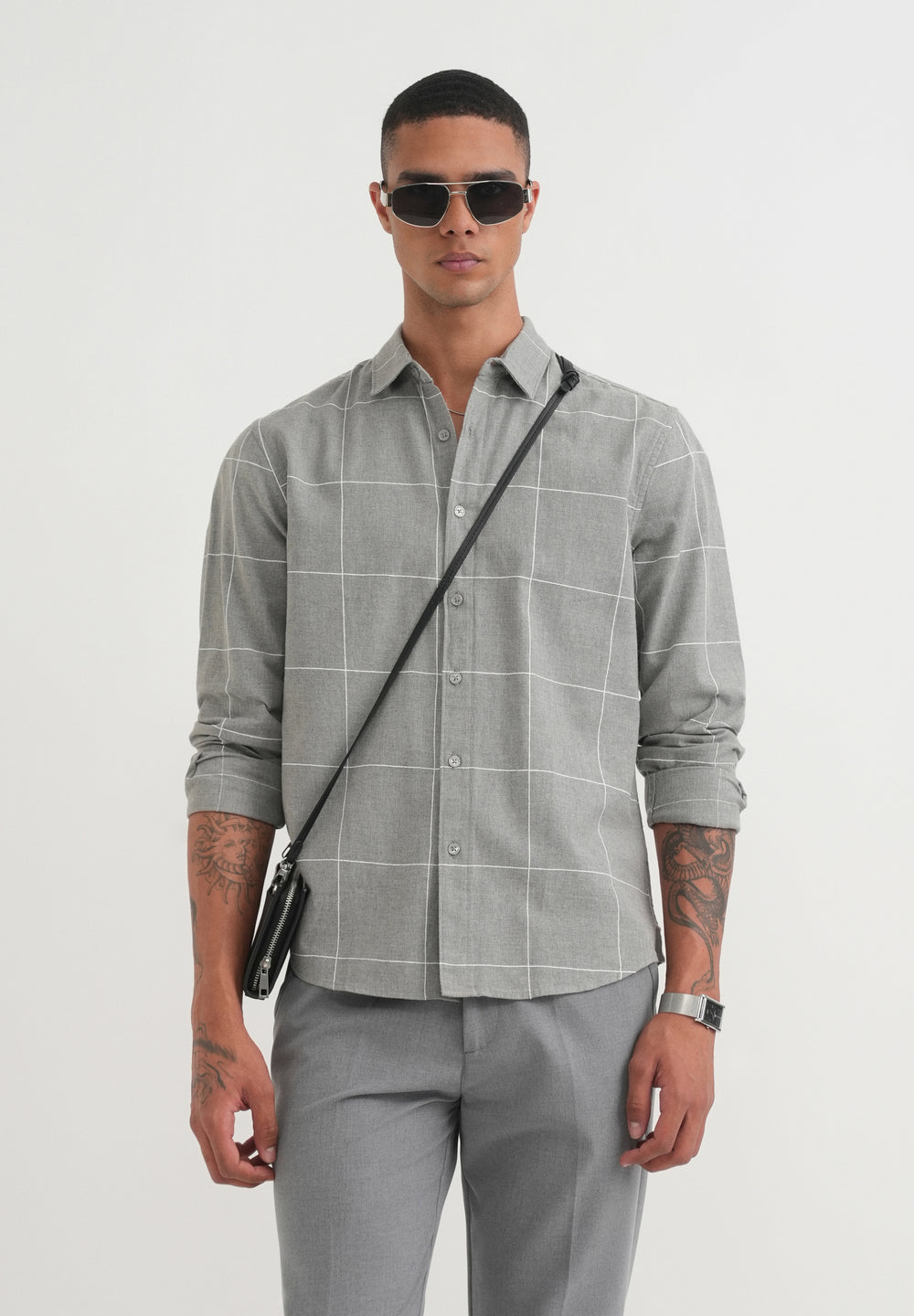 Grey Cotton Windowpane Check Shirt