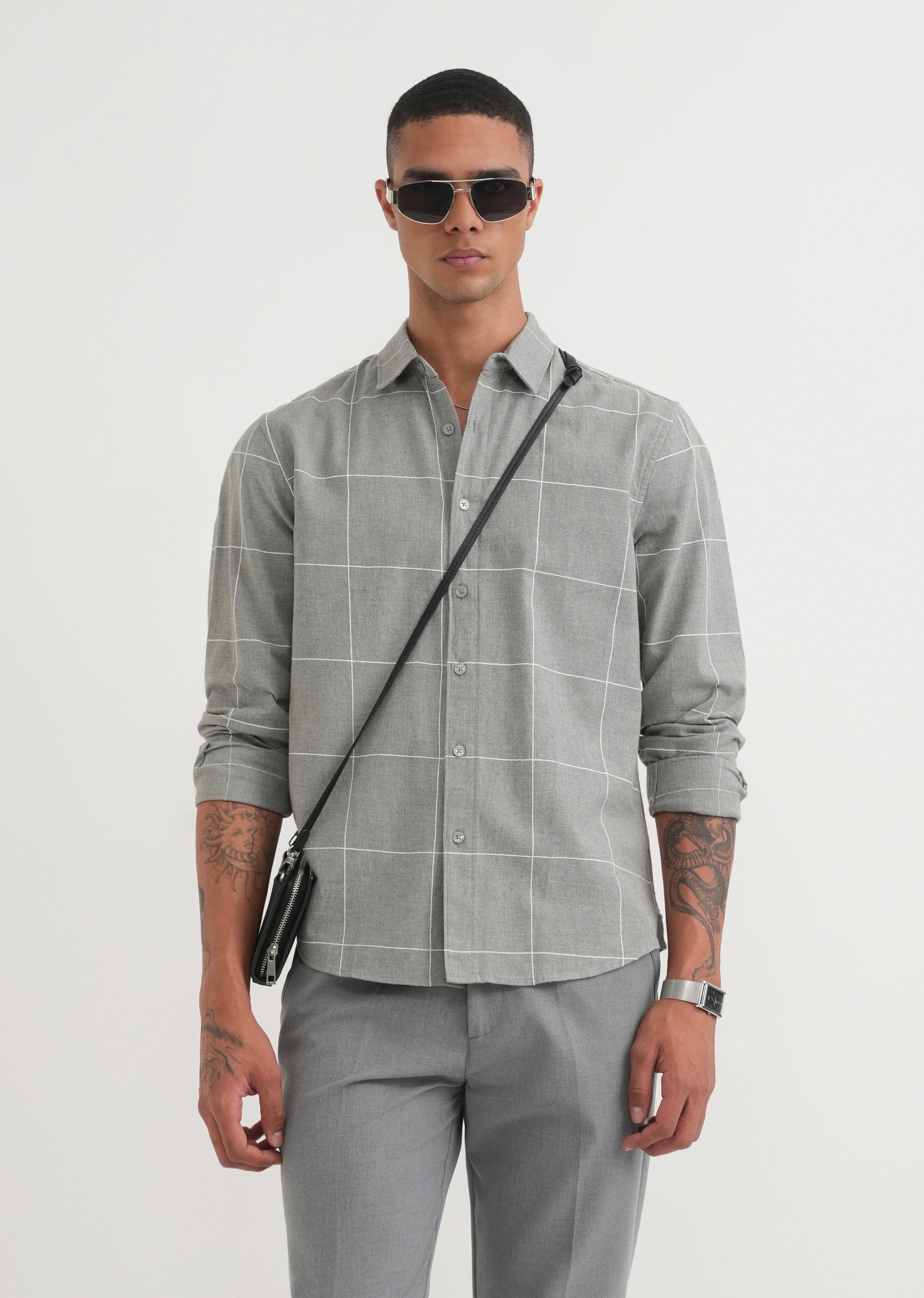 Grey Cotton Windowpane Check Shirt