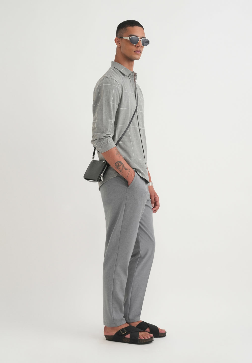 Grey Cotton Windowpane Check Shirt