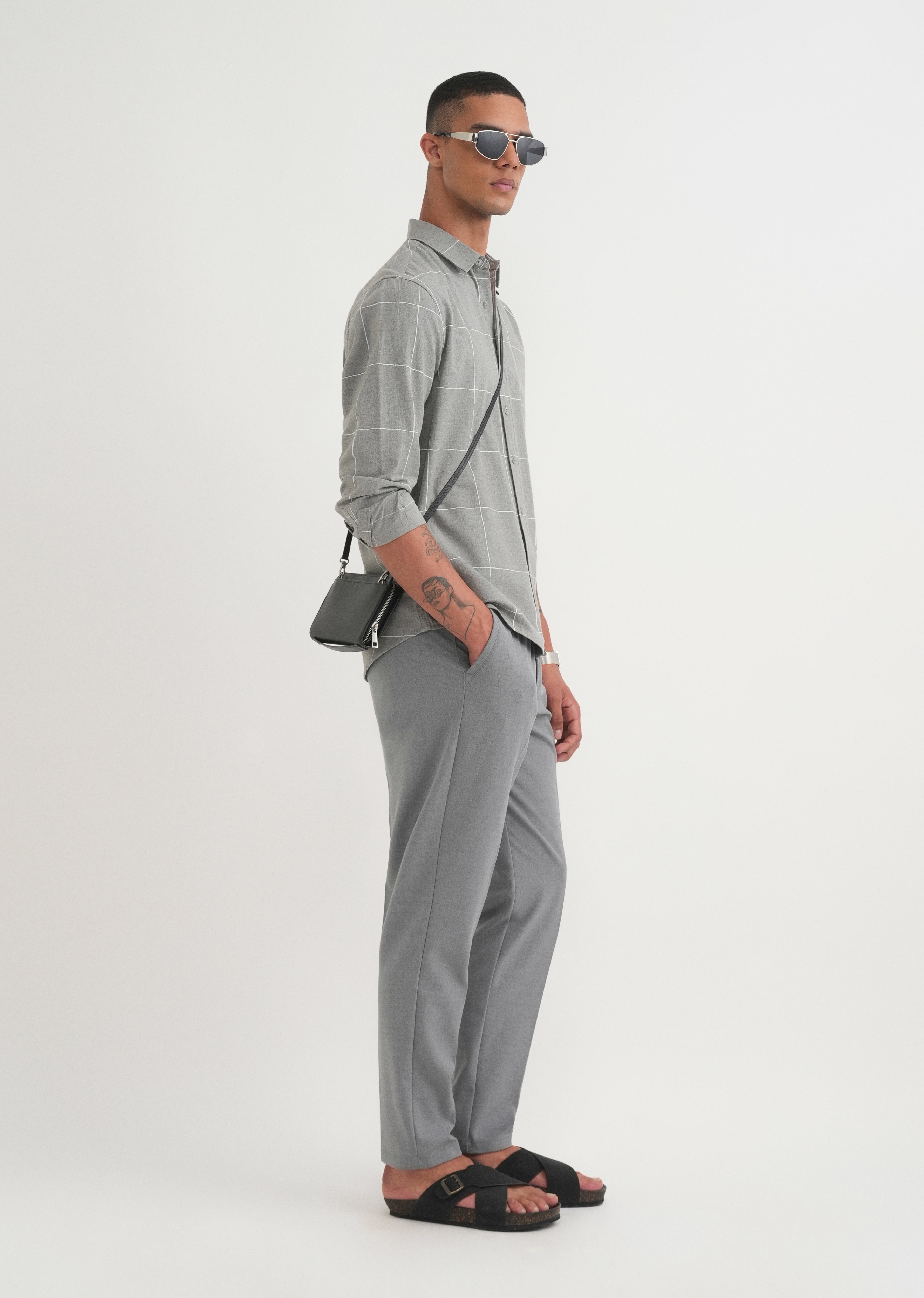 Grey Cotton Windowpane Check Shirt