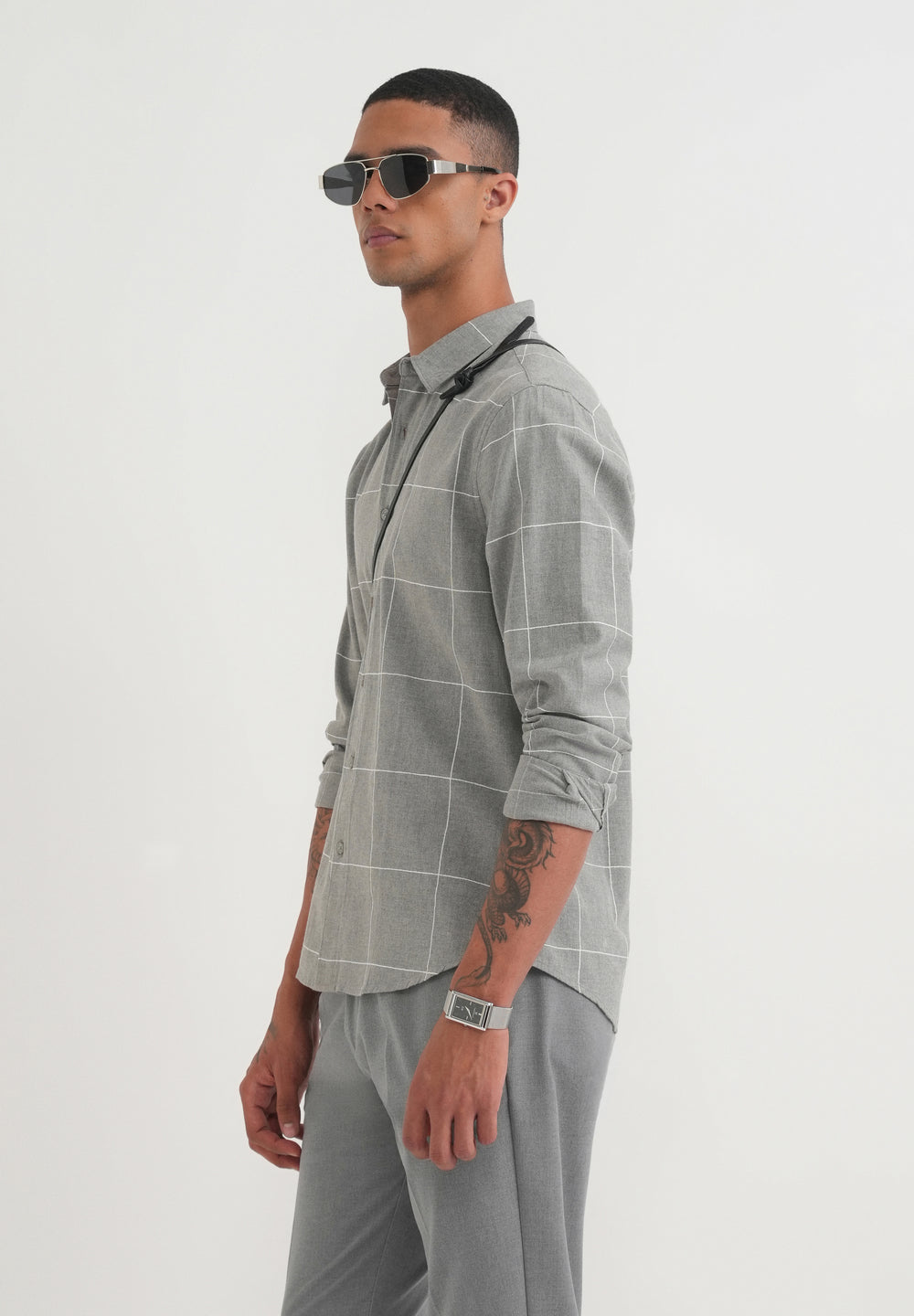 Grey Cotton Windowpane Check Shirt