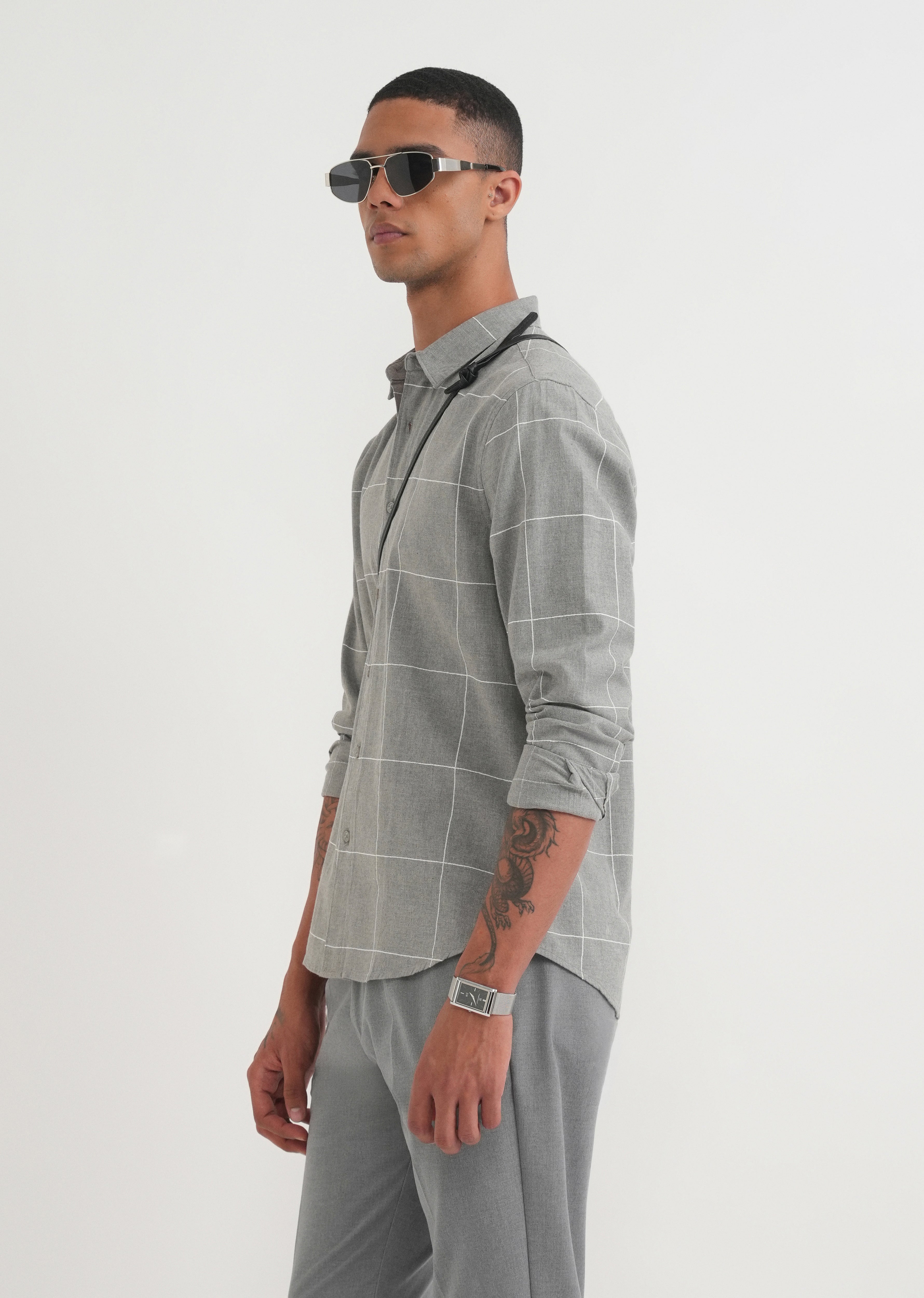 Grey Cotton Windowpane Check Shirt