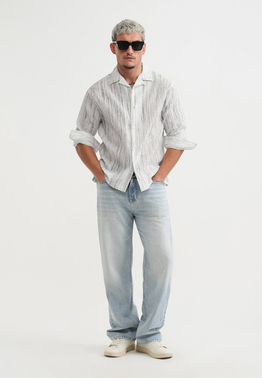 Grey Crinkle Textured Printed Shirt