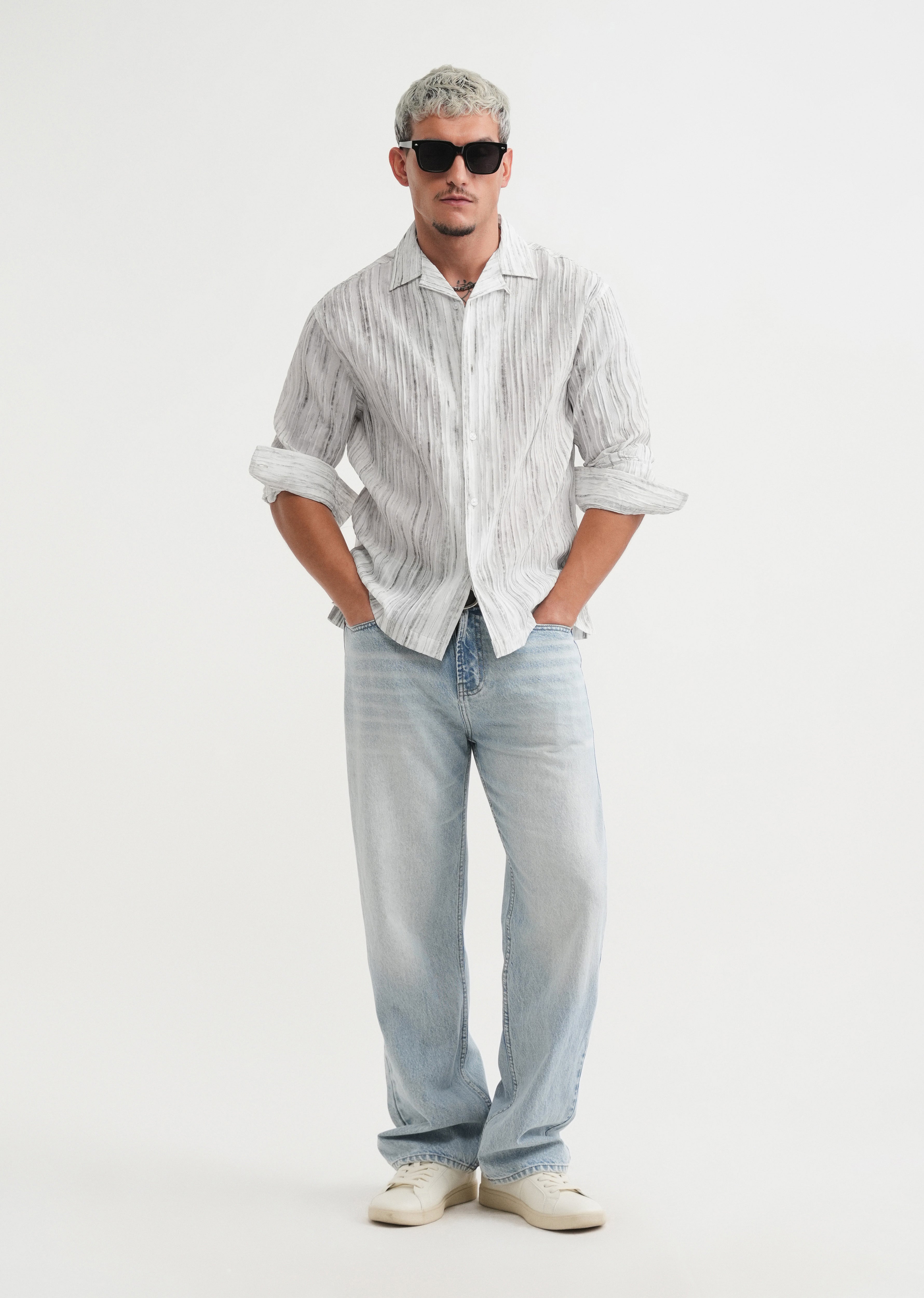 Grey Crinkle Textured Printed Shirt