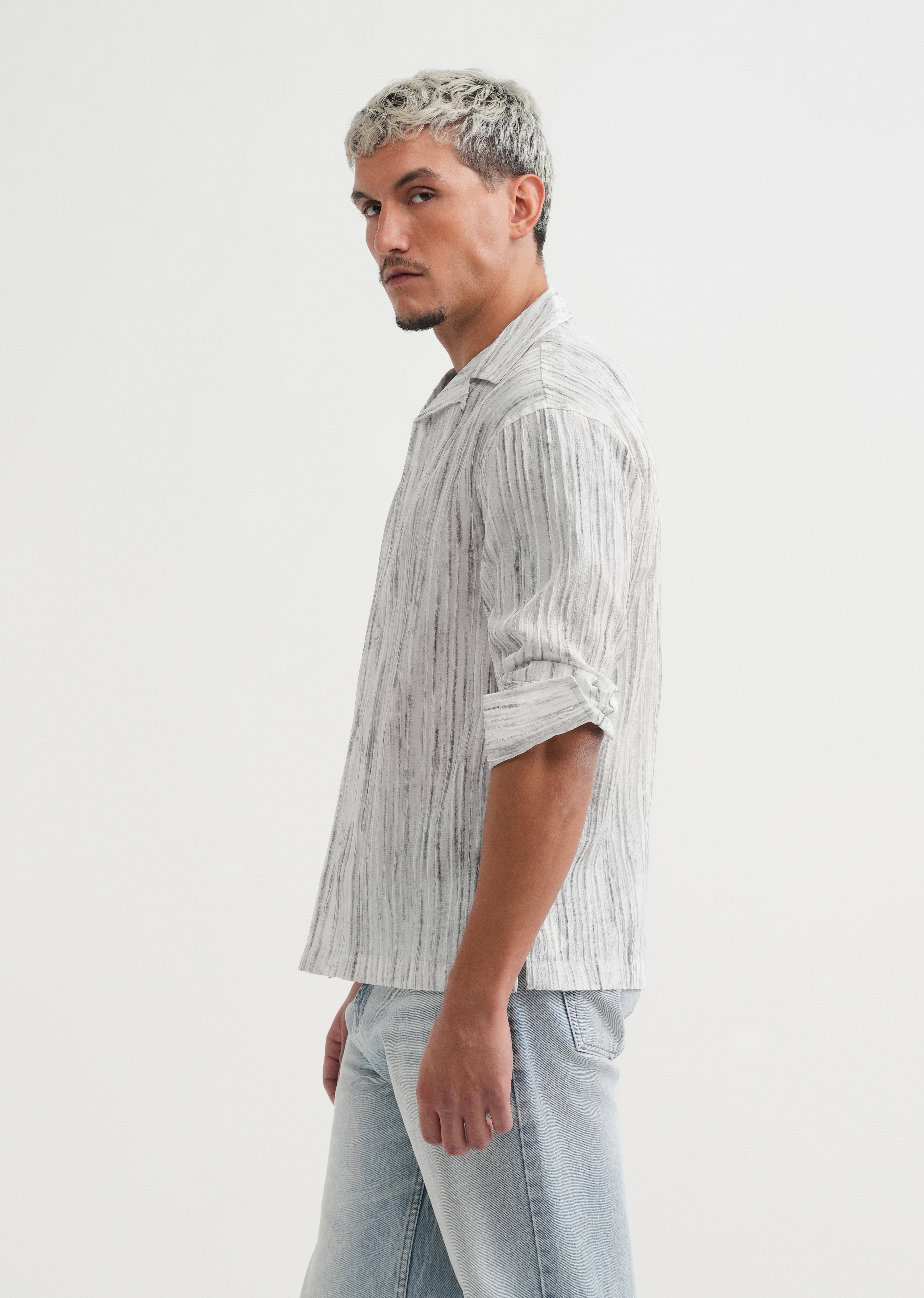 Grey Crinkle Textured Printed Shirt