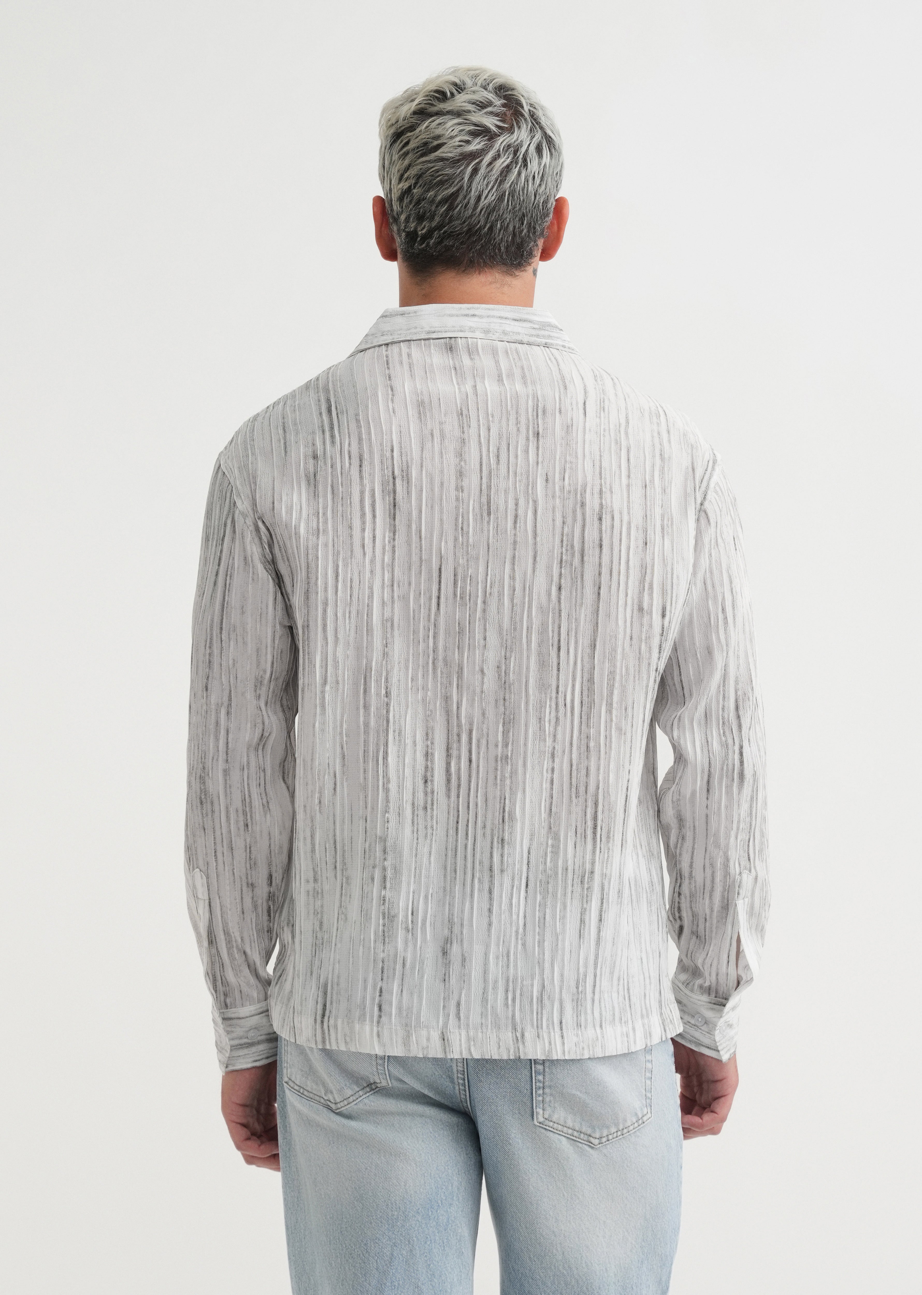 Grey Crinkle Textured Printed Shirt