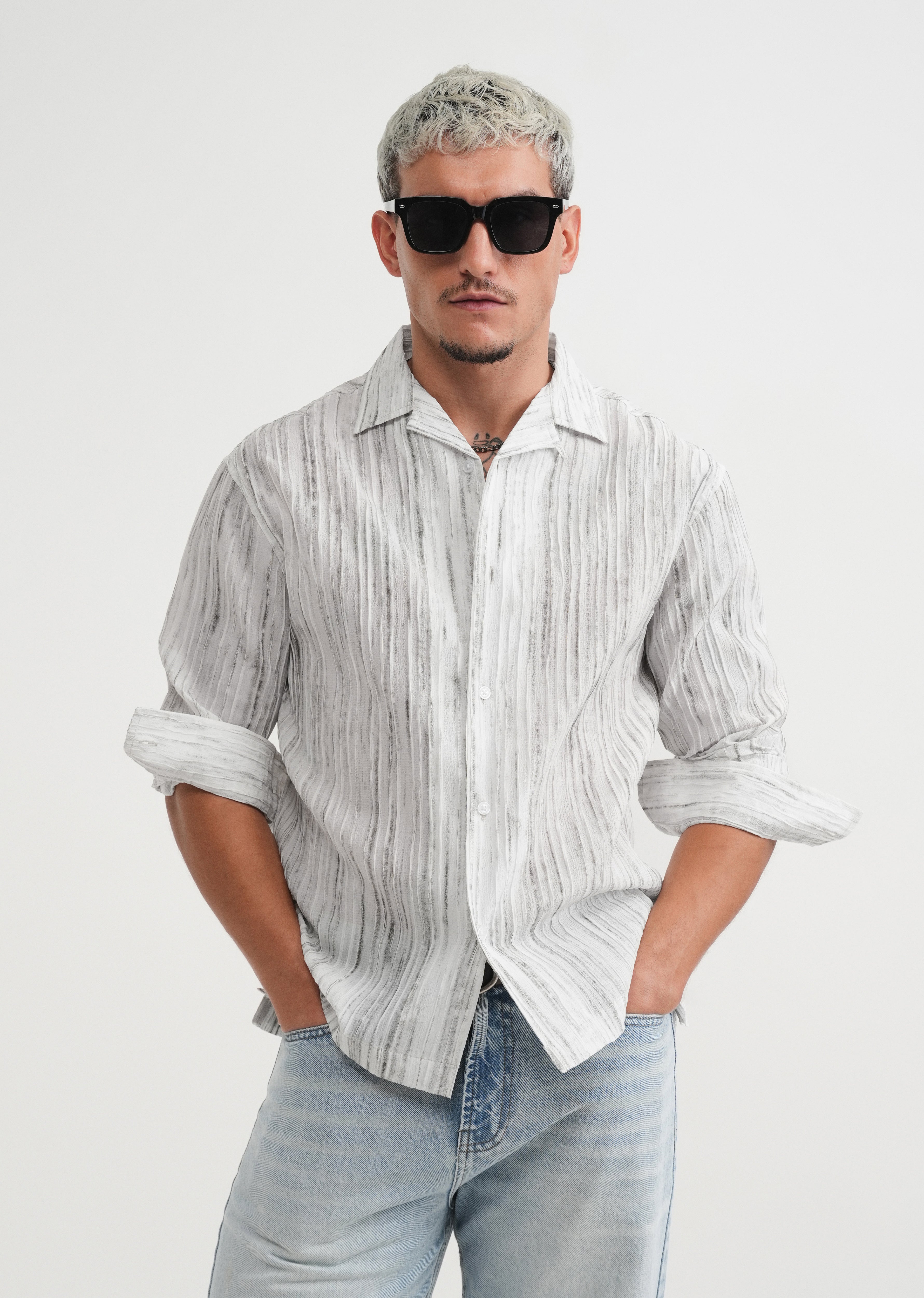 Grey Crinkle Textured Printed Shirt