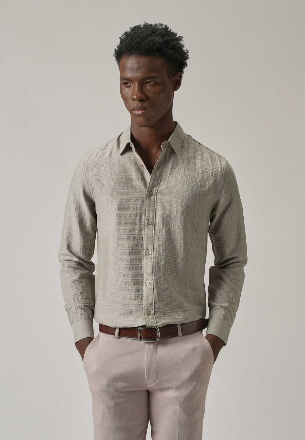Grey Crushed Self Stripe Shirt