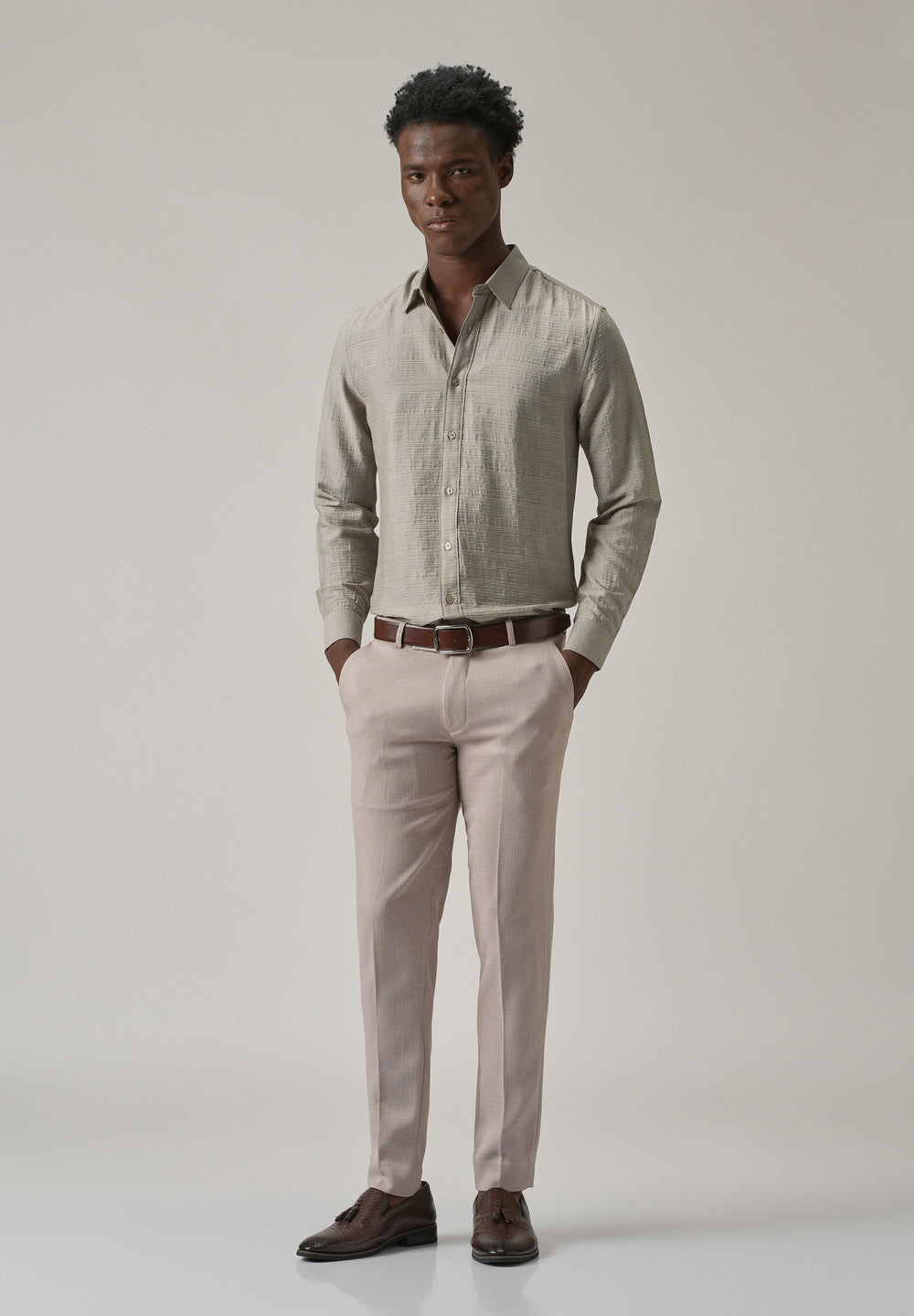Grey Crushed Self Stripe Shirt