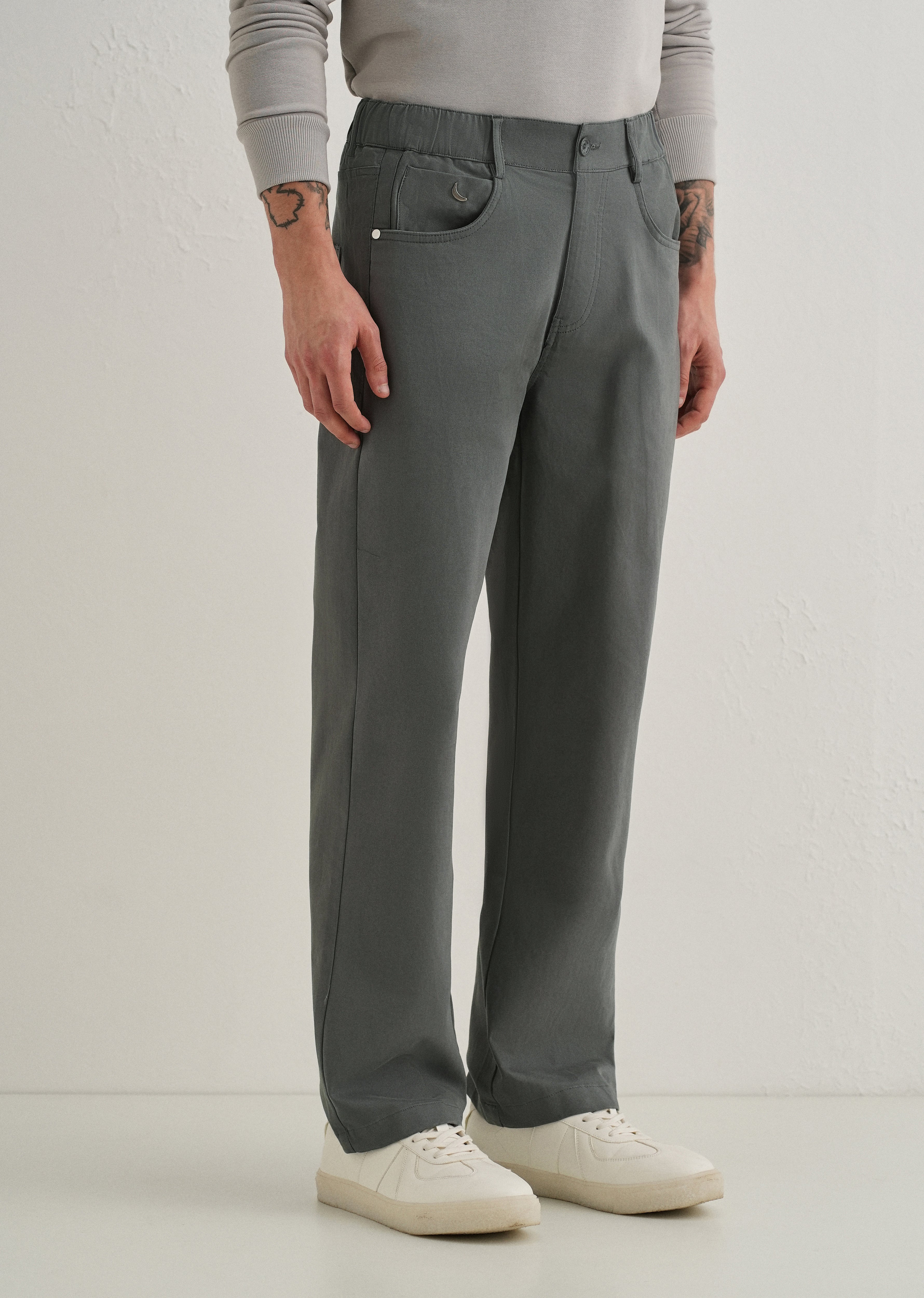 Grey Semi-Elasticated Cotton Trouser