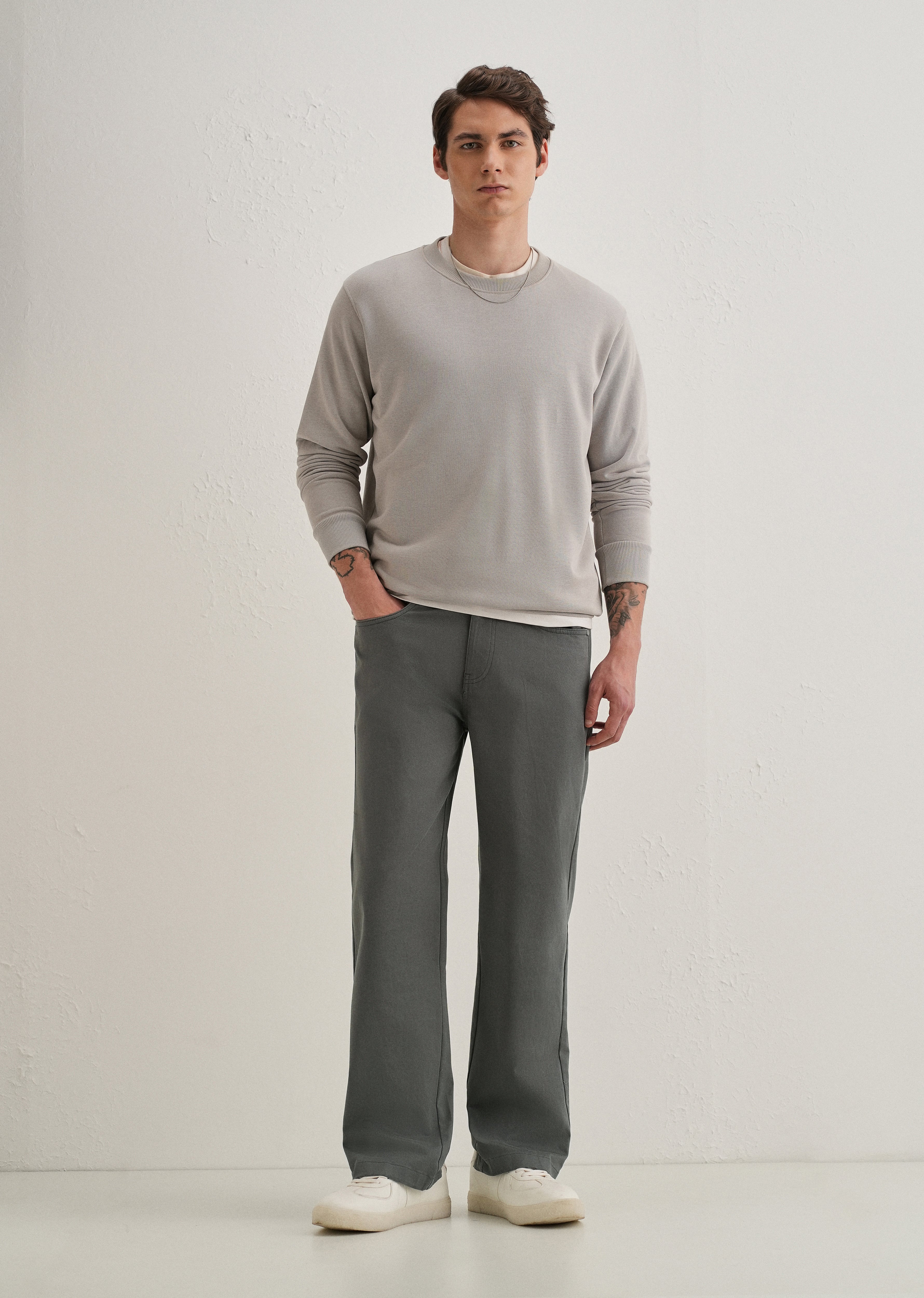 Grey Semi-Elasticated Cotton Trouser