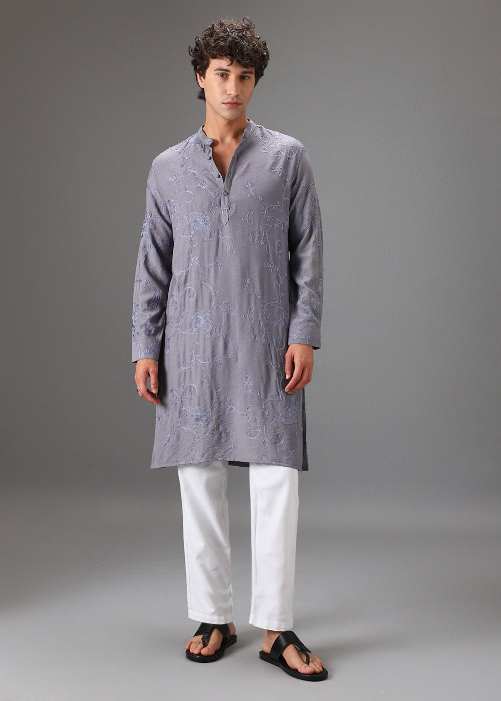 Grey Self Thread Embroidered Kurta