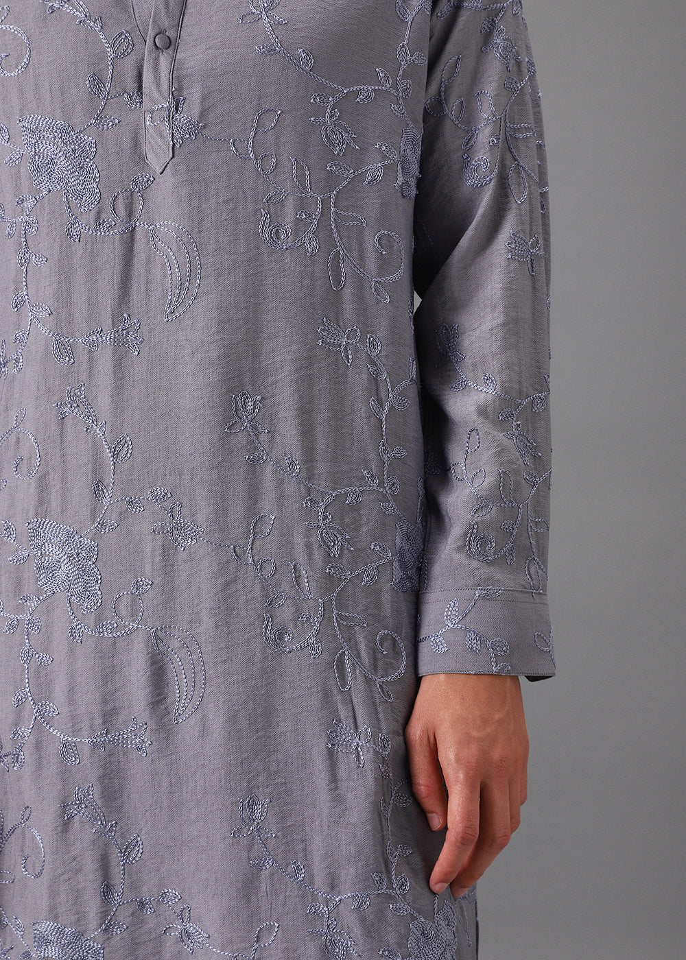 Grey Self Thread Embroidered Kurta