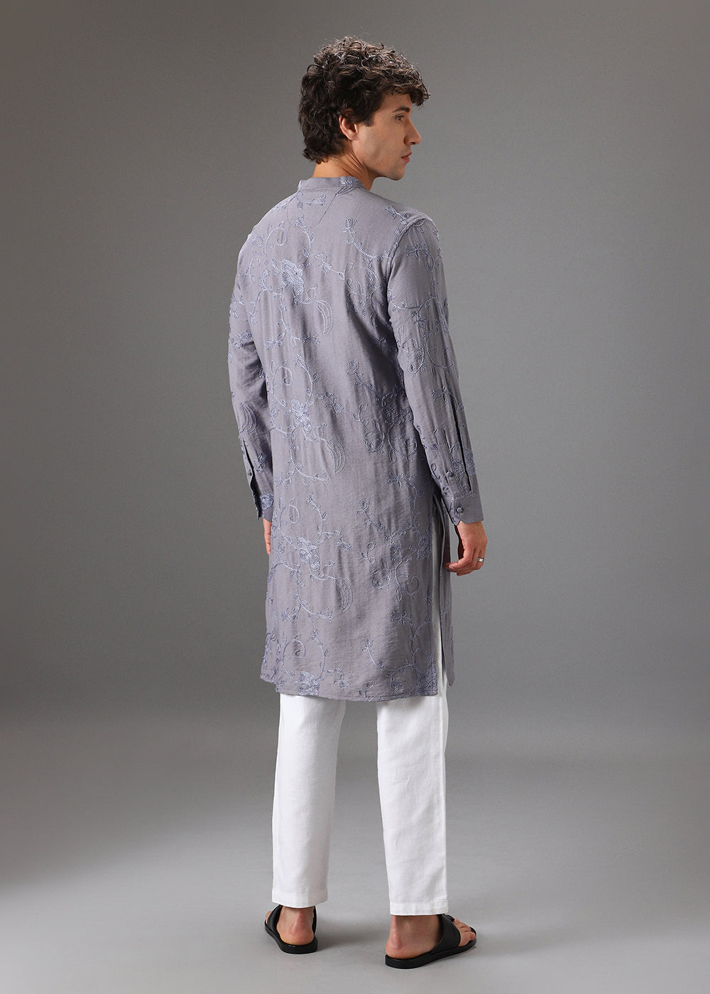 Grey Self Thread Embroidered Kurta