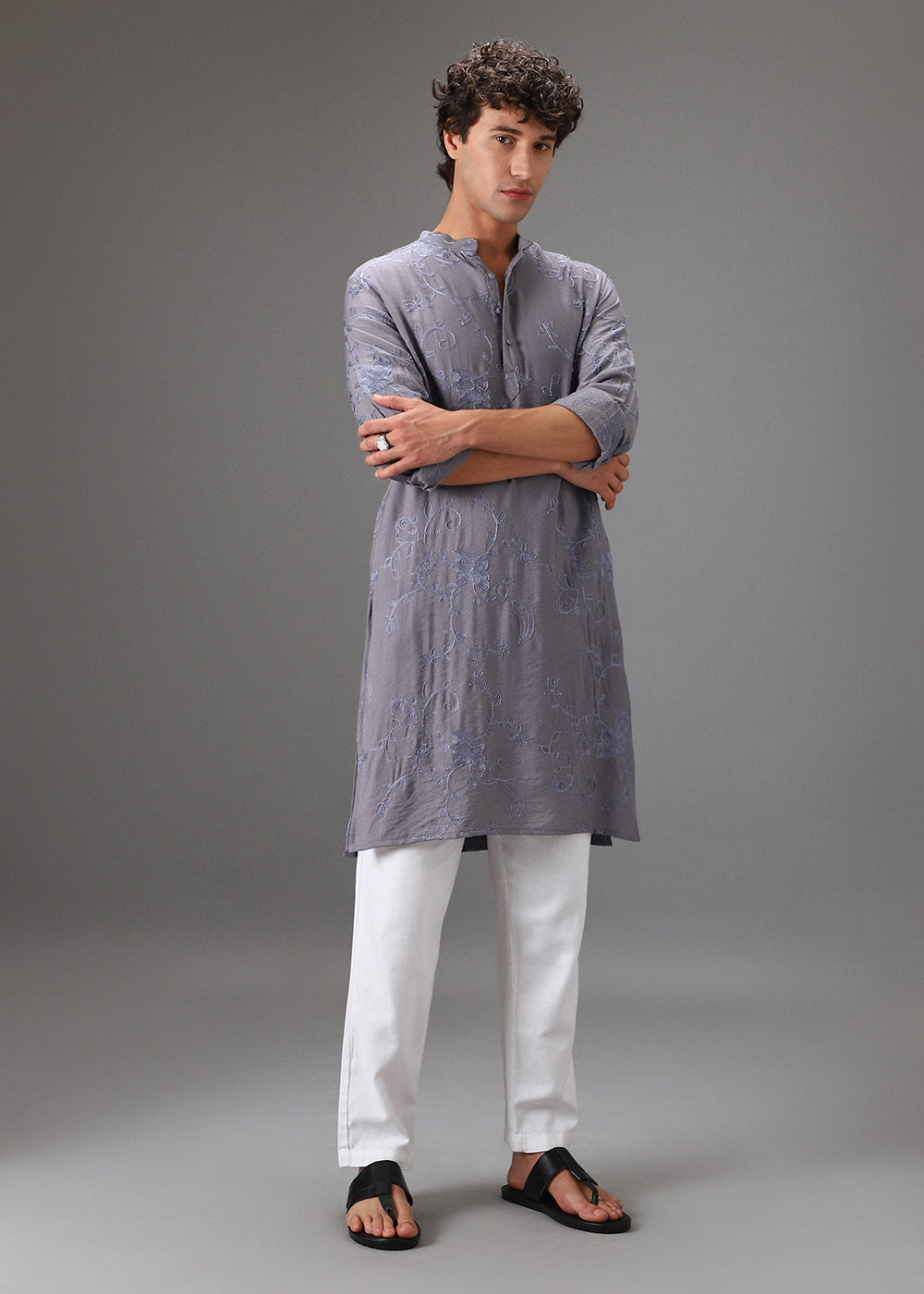 Grey Self Thread Embroidered Kurta