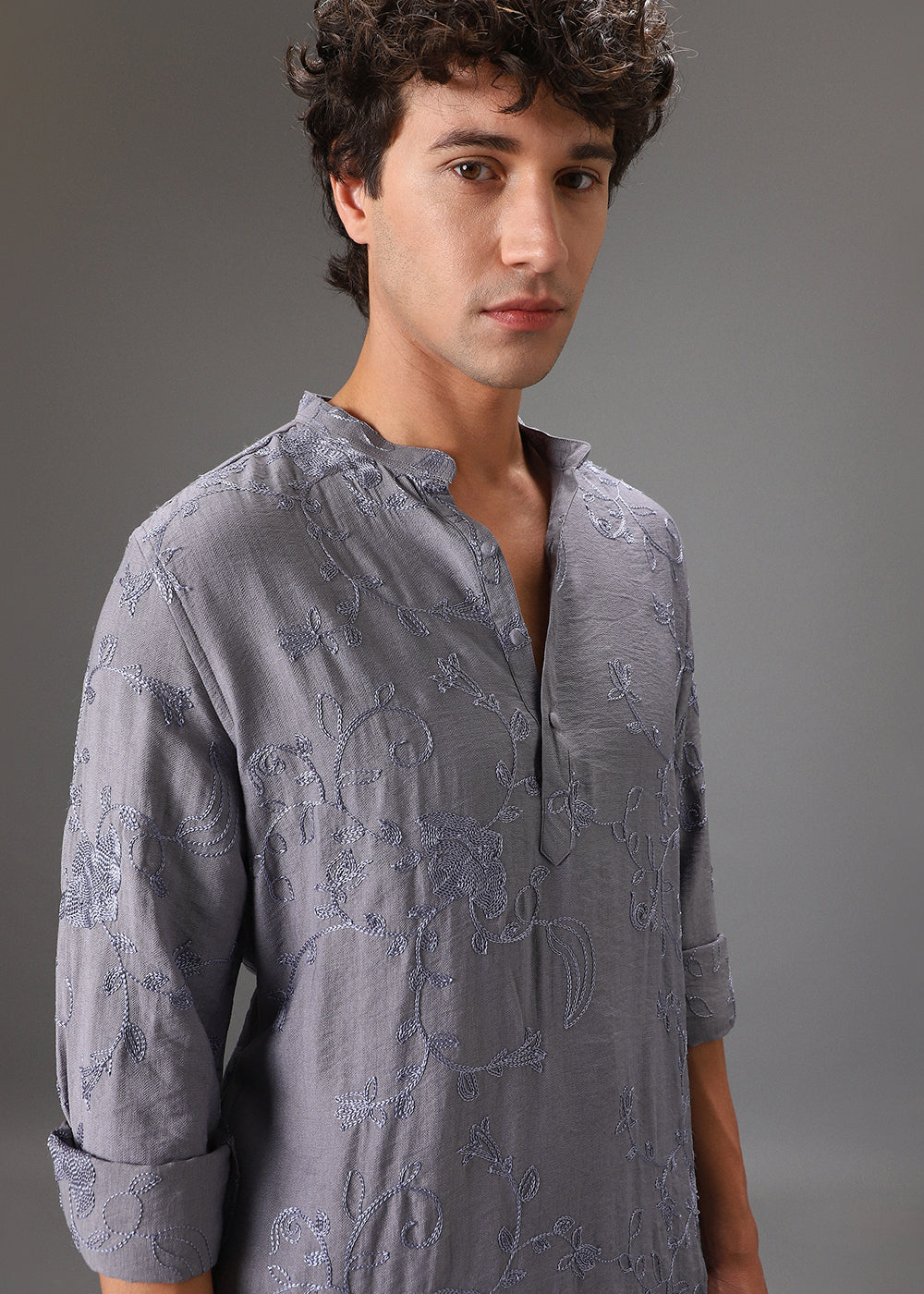 Grey Self Thread Embroidered Kurta