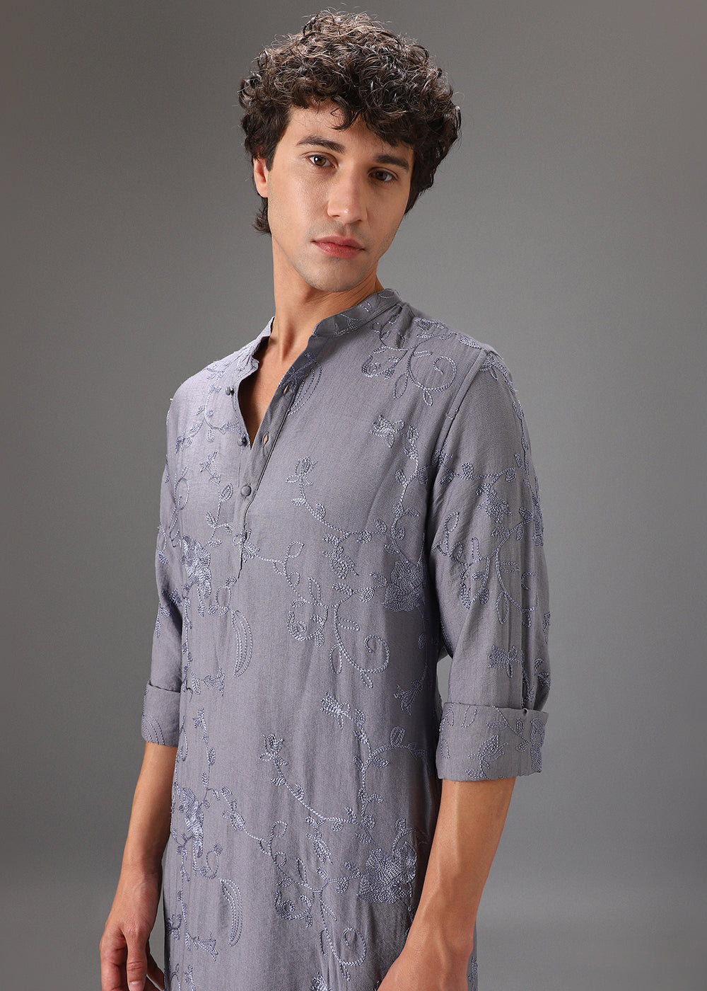 Grey Self Thread Embroidered Kurta