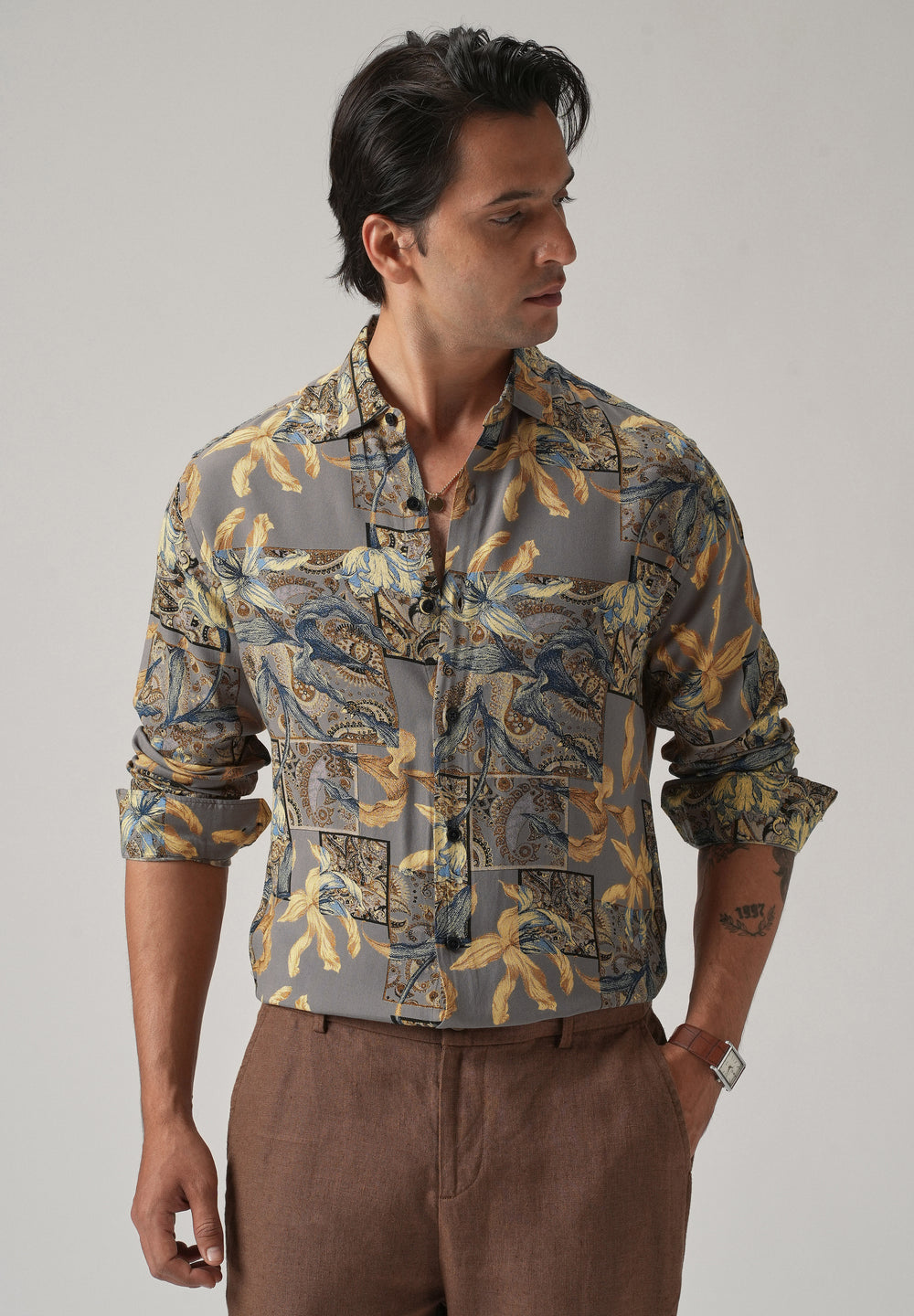 Tan Exotic Lily Print Feather Shirt