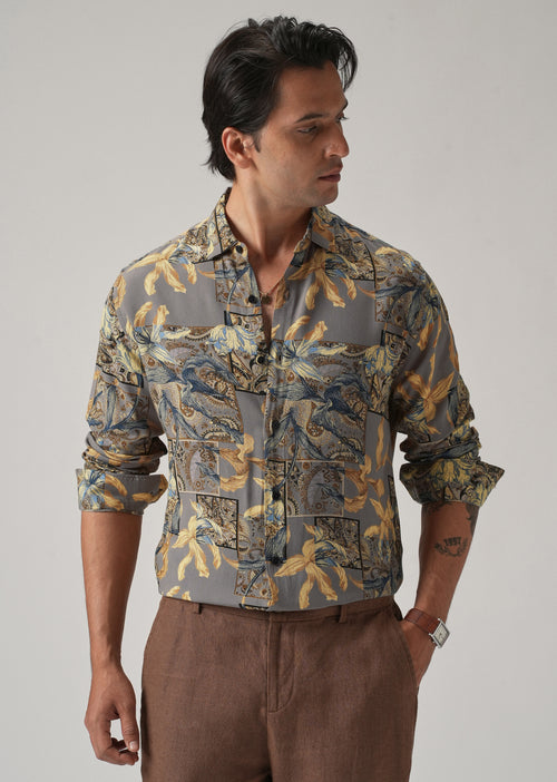 Tan Exotic Lily Print Feather Shirt