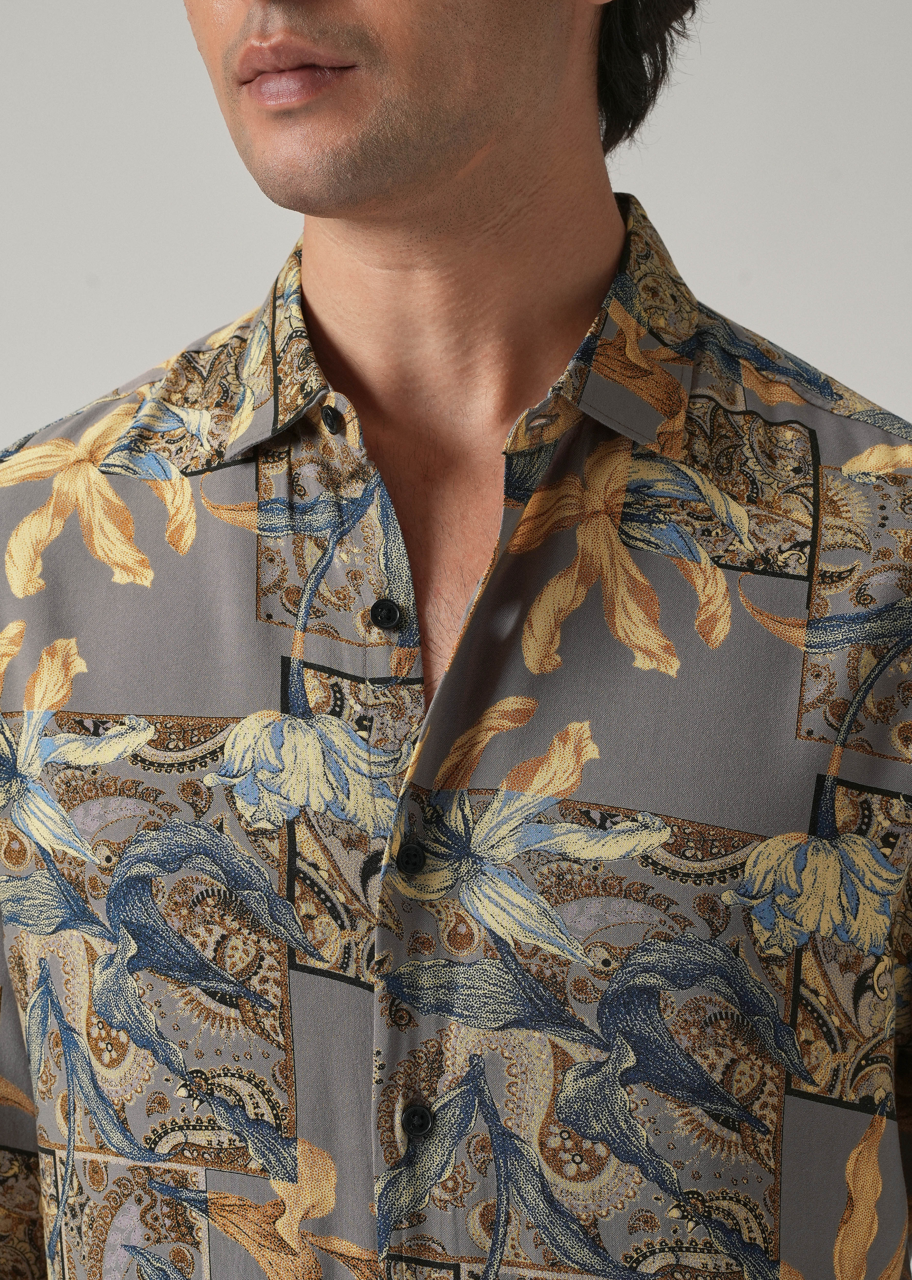 Tan Exotic Lily Print Feather Shirt