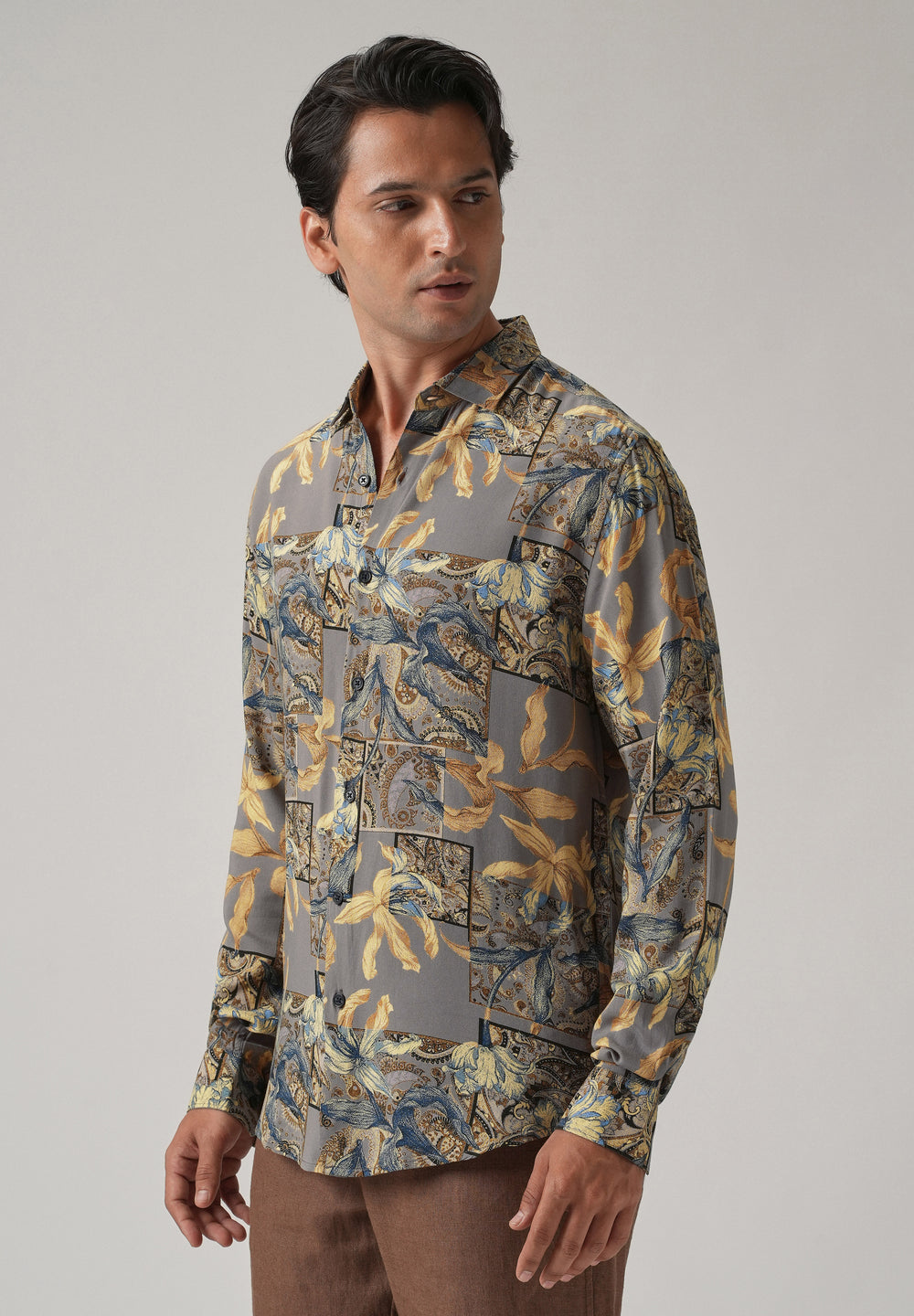 Tan Exotic Lily Print Feather Shirt