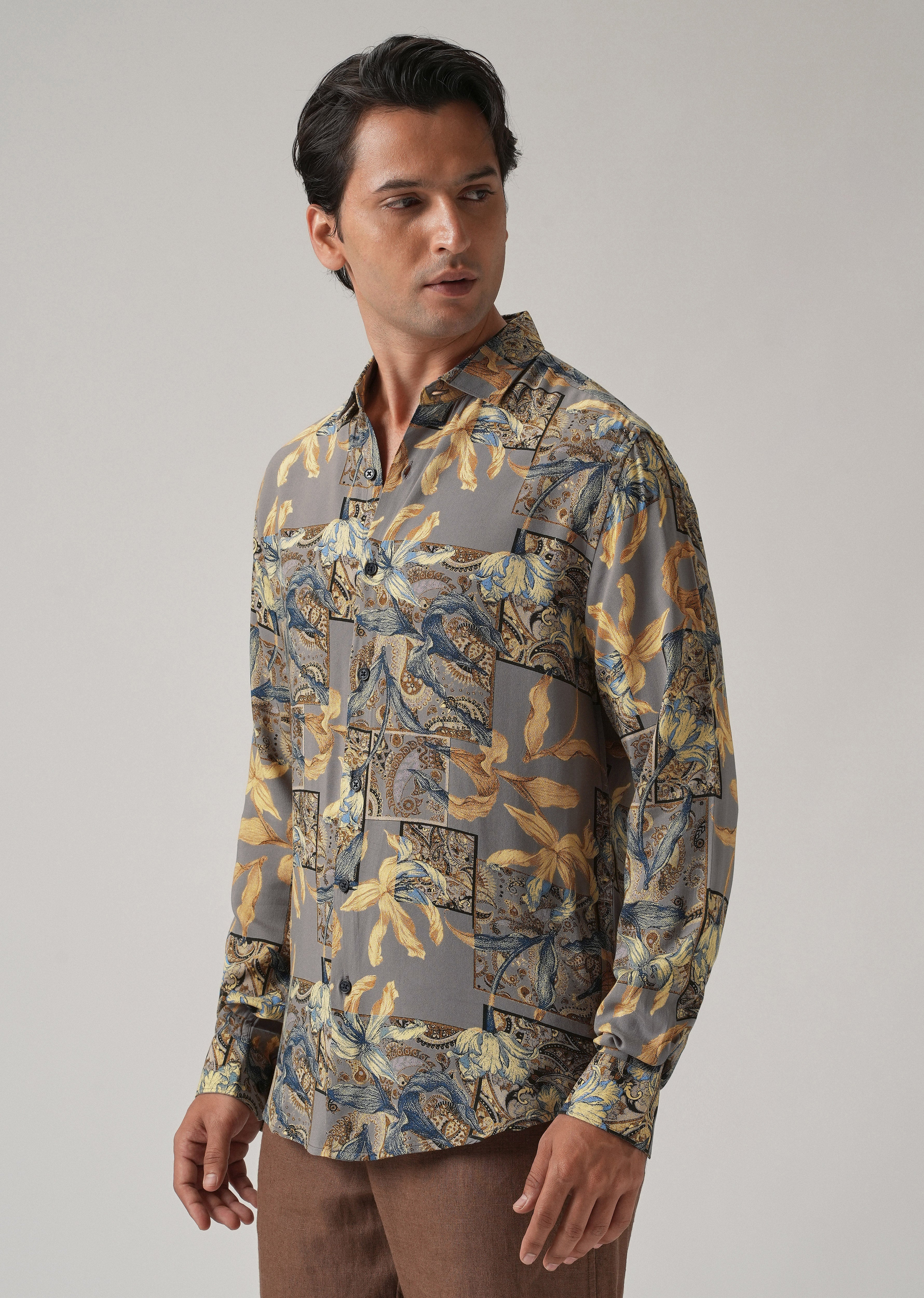 Tan Exotic Lily Print Feather Shirt