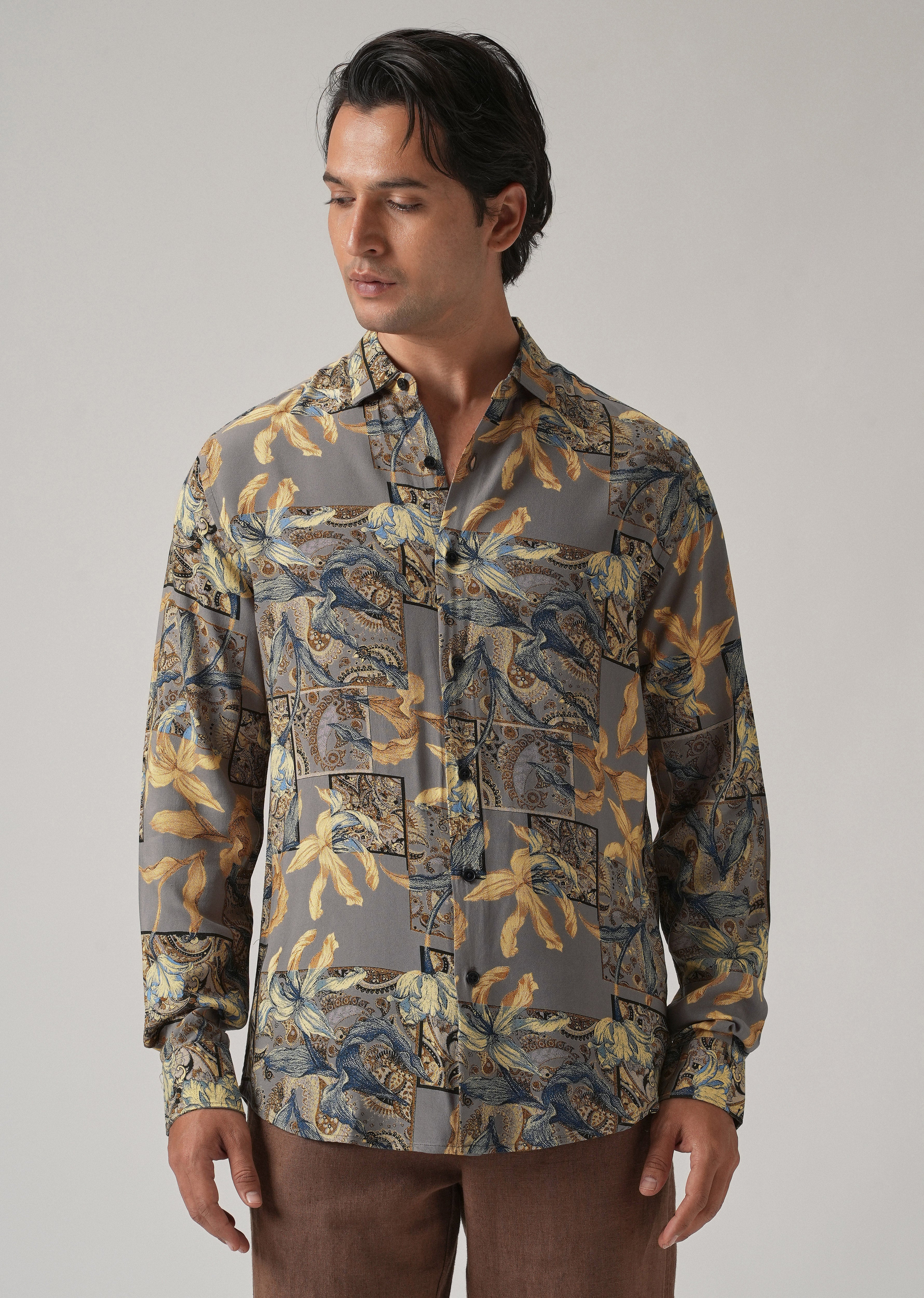 Tan Exotic Lily Print Feather Shirt