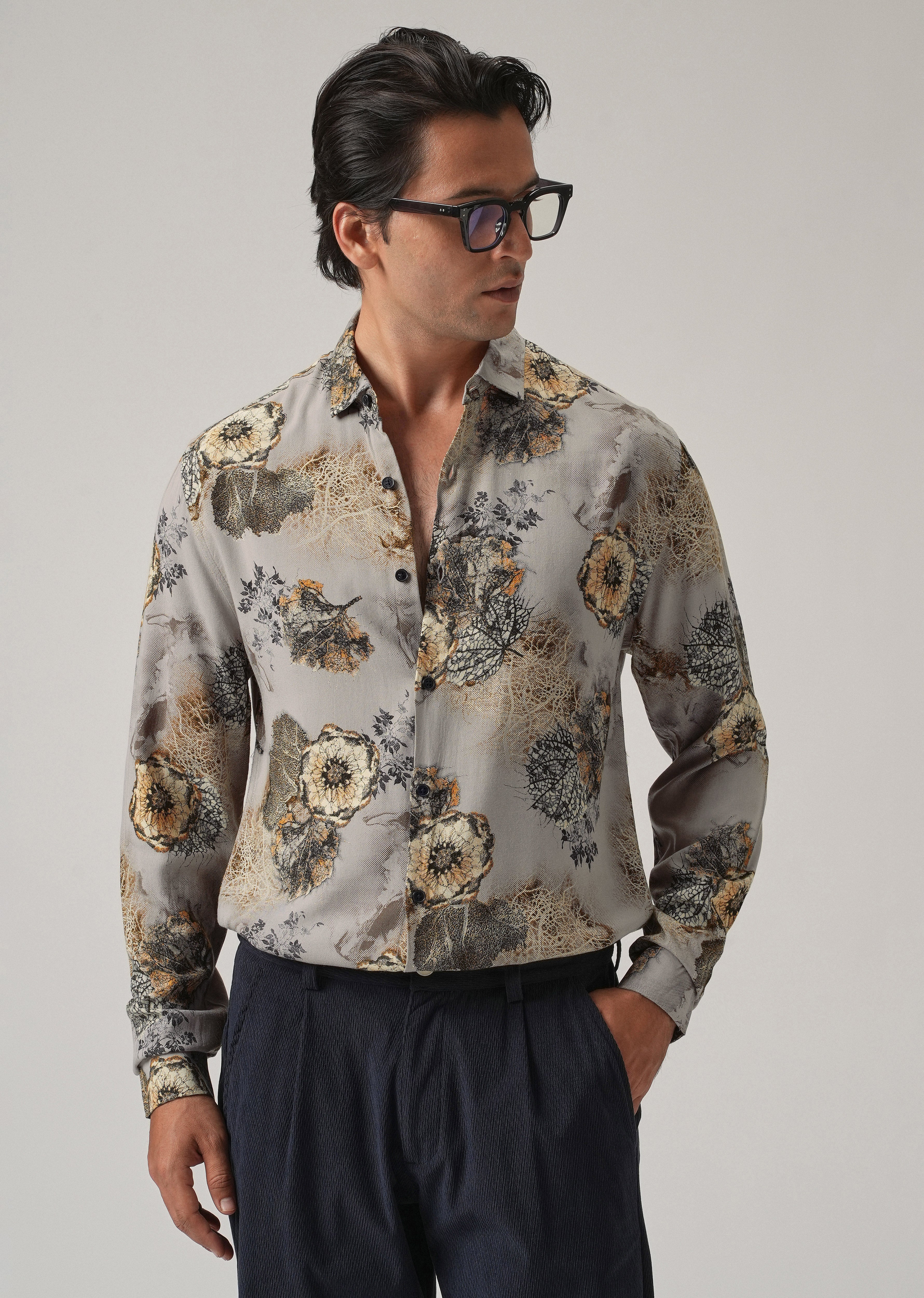 Grey Flora Print Feather Shirt