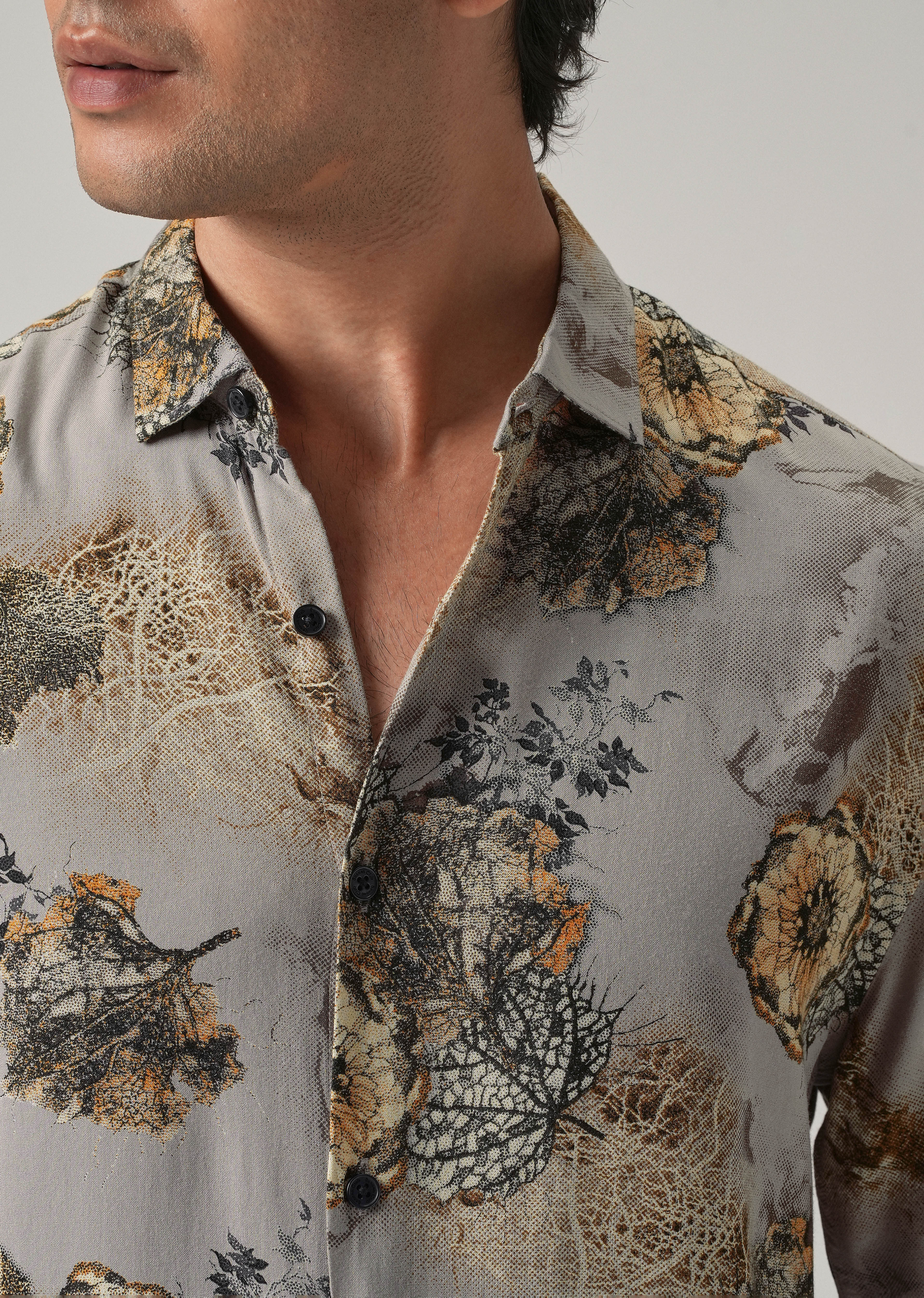 Grey Flora Print Feather Shirt