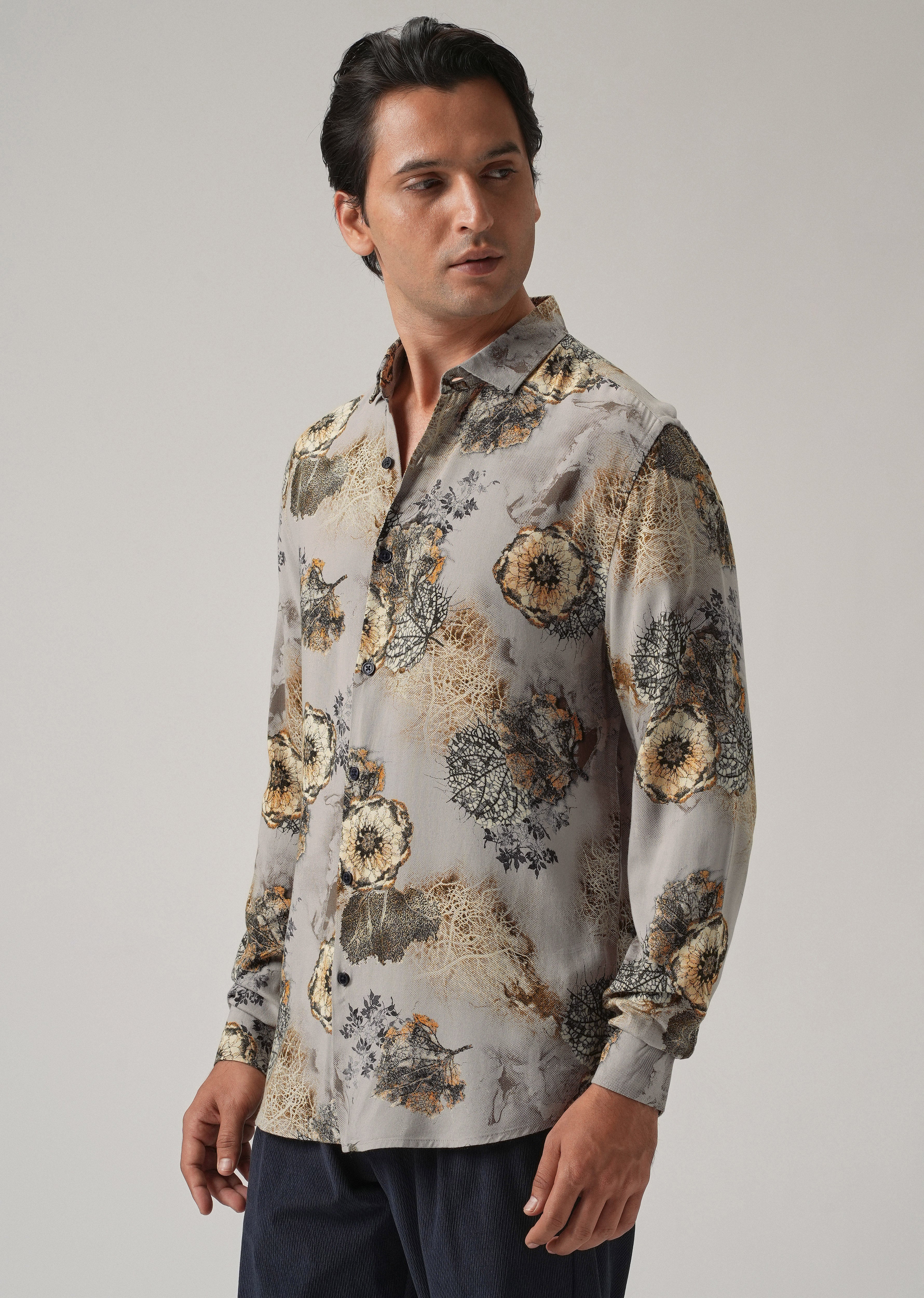 Grey Flora Print Feather Shirt