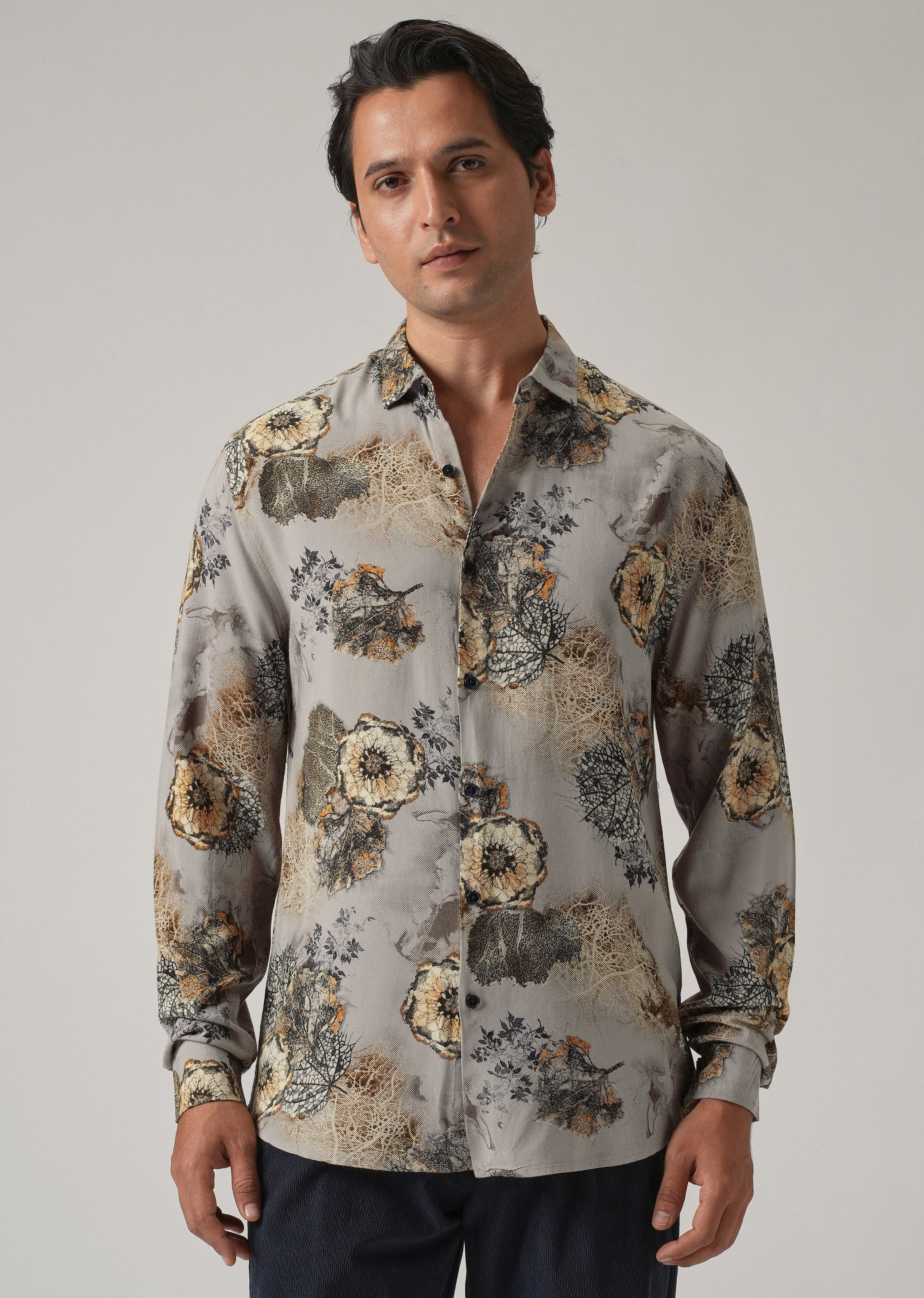 Grey Flora Print Feather Shirt