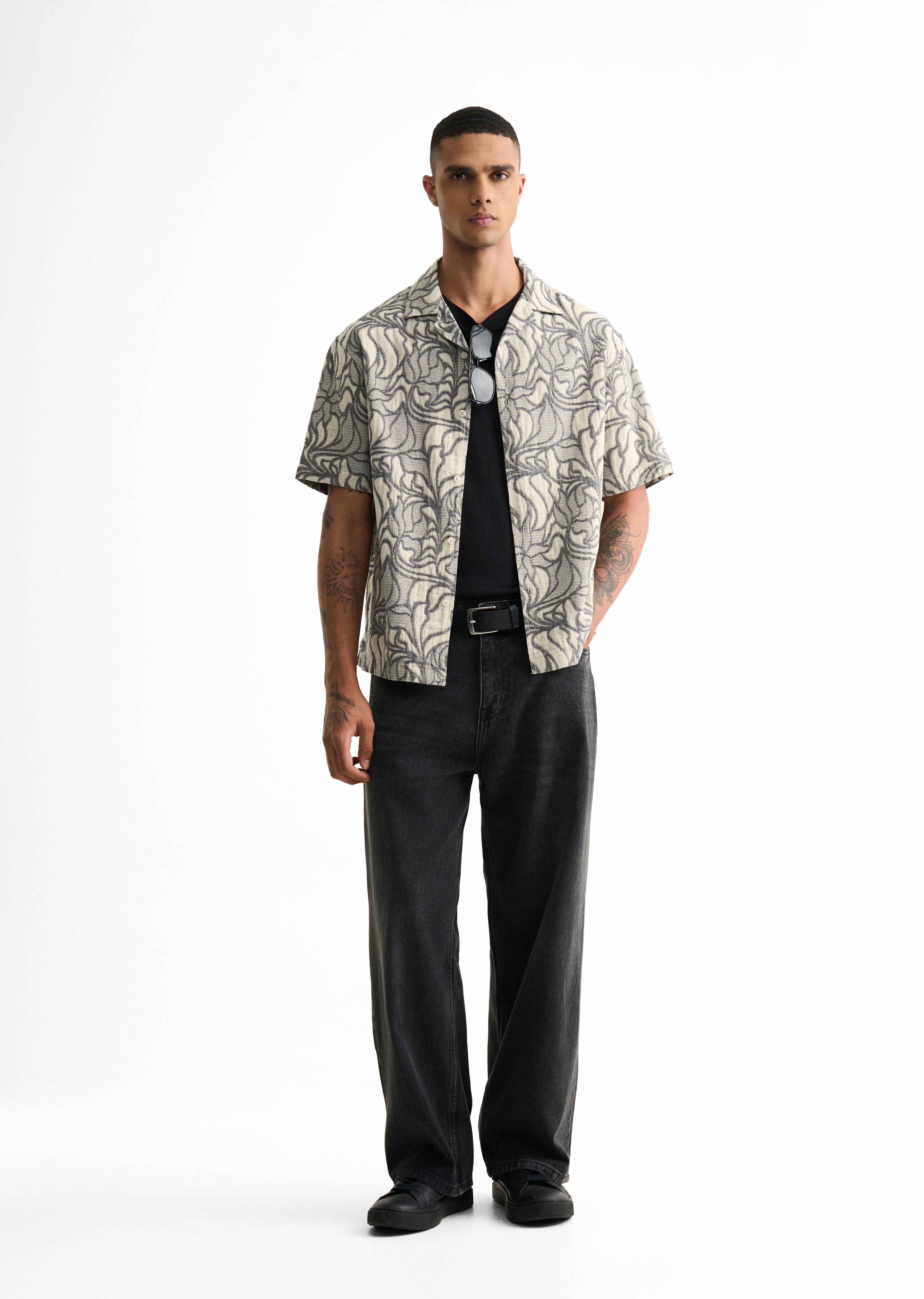 Grey Floral Jacquard Boxy Shirt