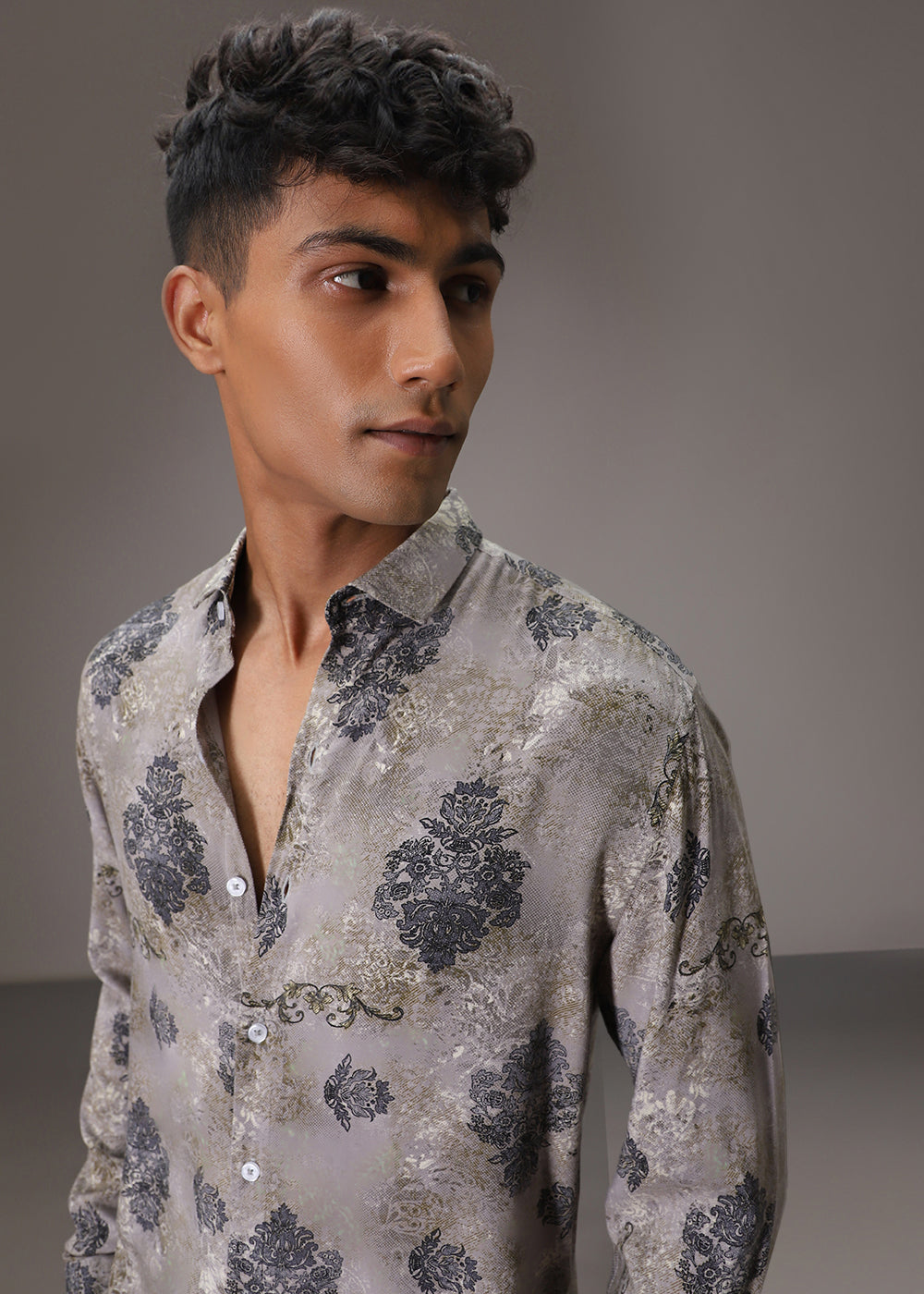 Grey Floral Print Feather Shirt